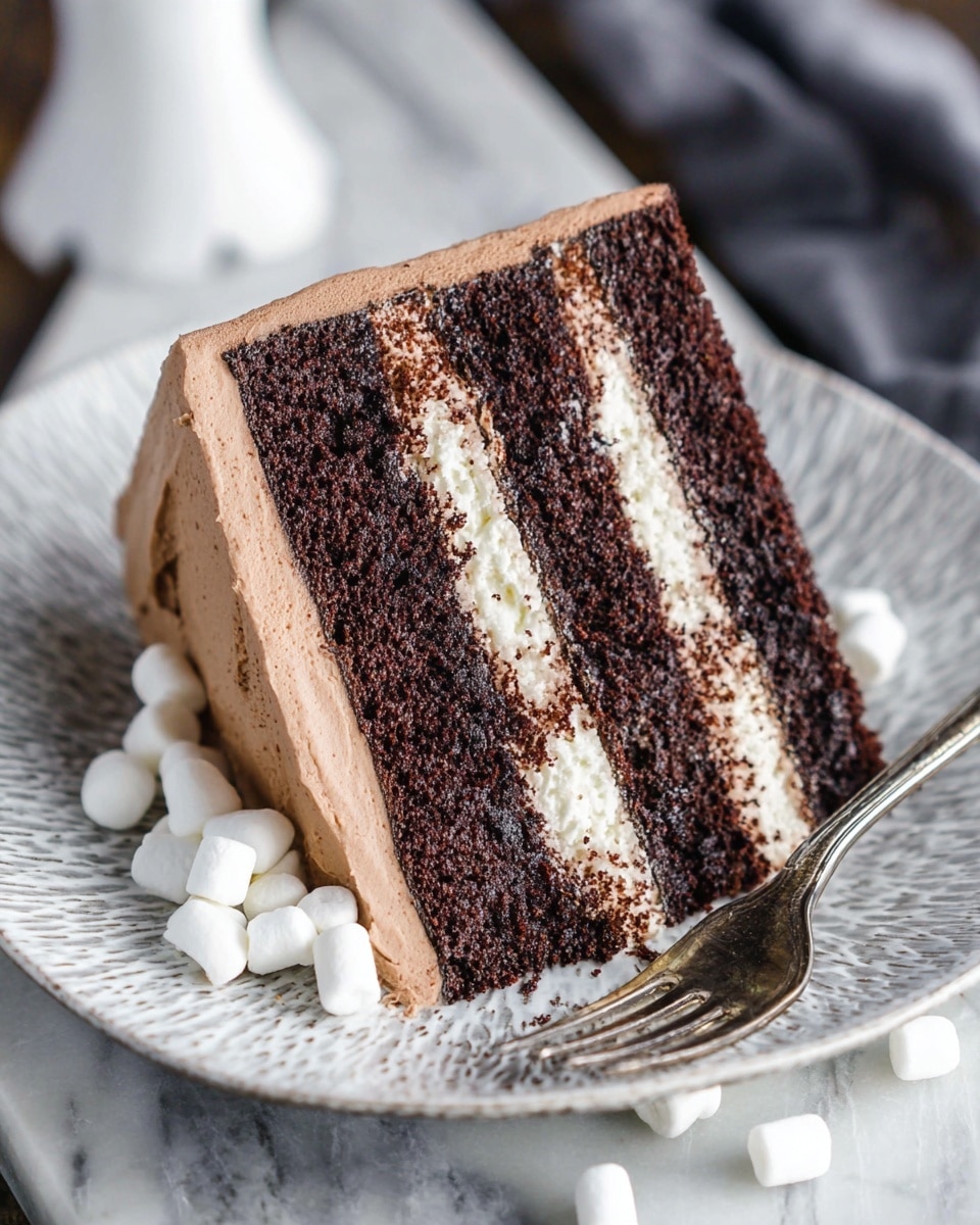 A round cake with two main layers: the bottom layer is smooth brown frosting covering the sides, and the top layer is a flat white frosting surface. White chocolate drips down from the top edge in uneven streams. Around the base and the top edge of the cake, there is a thick border of small white marshmallows in different sizes, creating a soft and puffy texture. The cake sits on a white plate placed on a white marbled surface. photo taken with an iphone --ar 4:5 --v 7