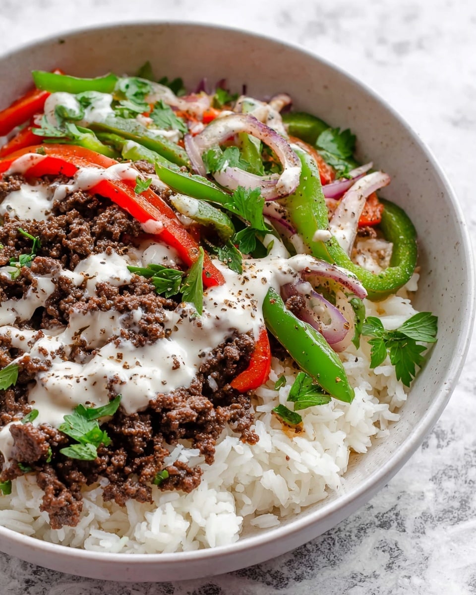 A white bowl filled with a base layer of fluffy white rice, topped with a layer of cooked ground beef that is dark brown. On one side, there is a mix of sautéed vegetables including green bell peppers, red bell peppers, and translucent cooked red onions, all slightly glossy. A creamy white sauce is drizzled over the ground beef, sprinkled with small black pepper bits, and fresh green parsley leaves are scattered on top. The bowl is placed on a white marbled surface. photo taken with an iphone --ar 4:5 --v 7