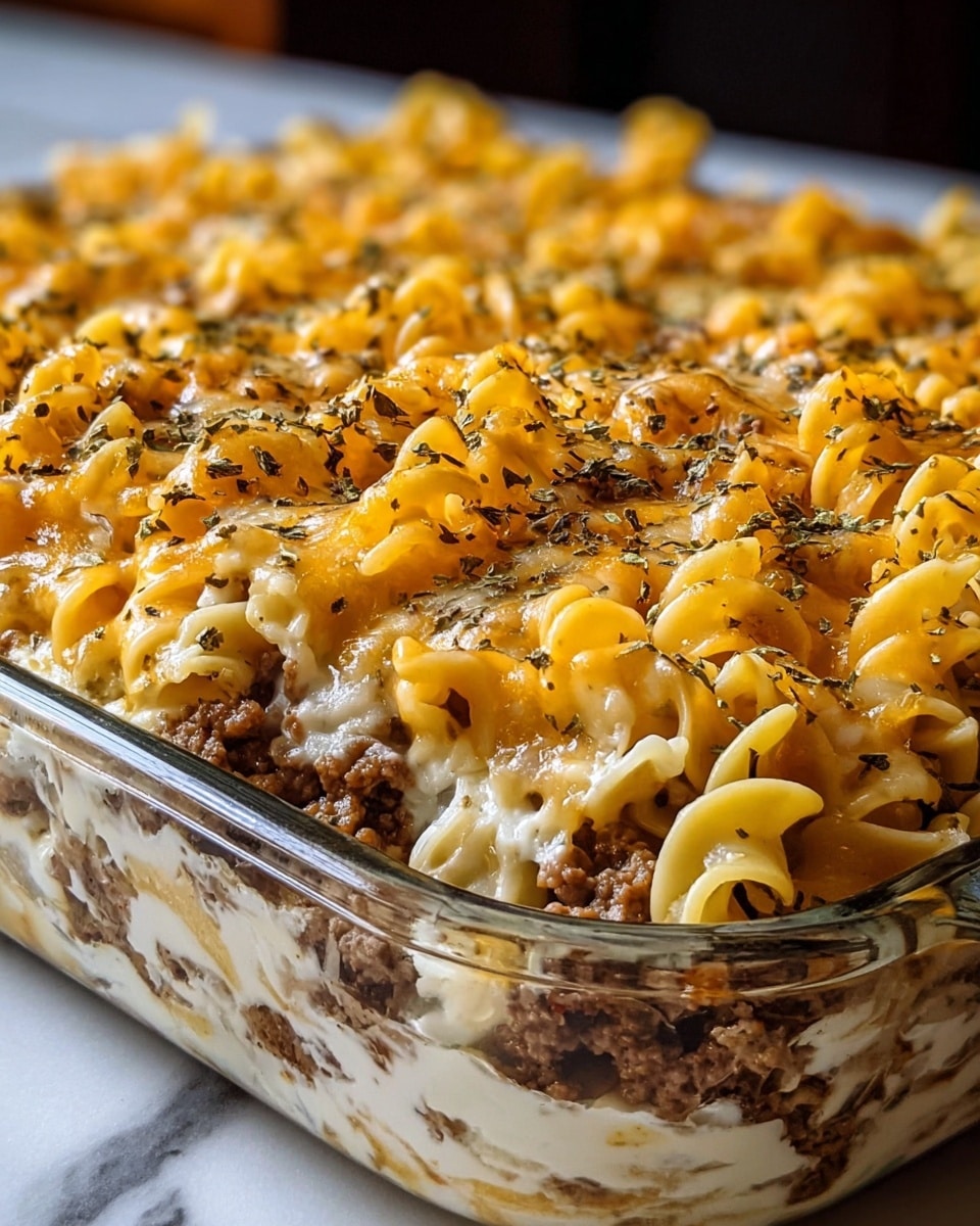 A close-up view of a three-layer baked pasta dish in a clear glass baking dish placed on a white marbled surface. The bottom layer is a creamy white sauce mixed with some browned bits. The middle layer has cooked ground beef mixed with pasta, showing a rich brown color with soft textures. The top layer consists of curly pasta covered with melted, golden-yellow cheese, sprinkled with dried herbs that add small green and dark flakes scattered evenly across the surface. photo taken with an iphone --ar 4:5 --v 7