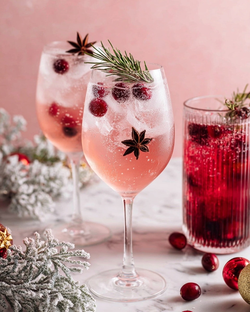 Two clear wine glasses with stems hold a light pink sparkling drink filled with ice cubes and dark red cranberries floating inside. Each glass is topped with a green pine twig and a dark brown star anise on the rim for decoration. A clear, tall ribbed glass on the right contains a darker red liquid with bubbles and ice. The setting is on a white marbled surface with small red and gold ornaments and frosted pine branches scattered around, all set against a soft pink background. Photo taken with an iphone --ar 4:5 --v 7