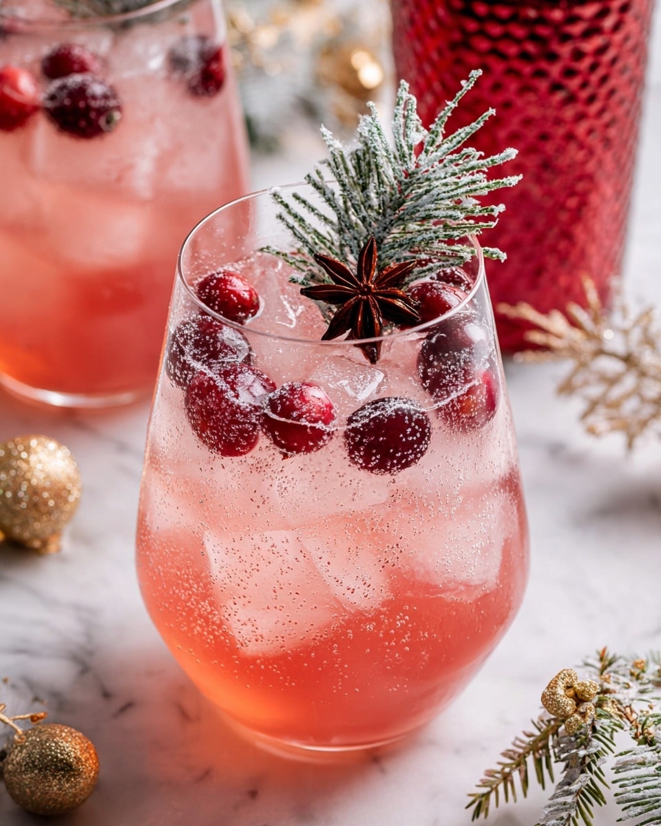The image shows a festive pink drink in a clear stemmed glass filled with ice cubes and floating red cranberries. The drink has a light sparkling texture, visible bubbles rising to the top. On the rim, there is a frosted sugar coating. Garnishing the glass is a sprig of green pine needles with a dusting of white frost and a dark brown star anise placed next to it. In the background, another similar glass and a textured red tumbler sit on a white marbled surface, along with some small gold ornaments and frosted pine branches. photo taken with an iphone --ar 4:5 --v 7