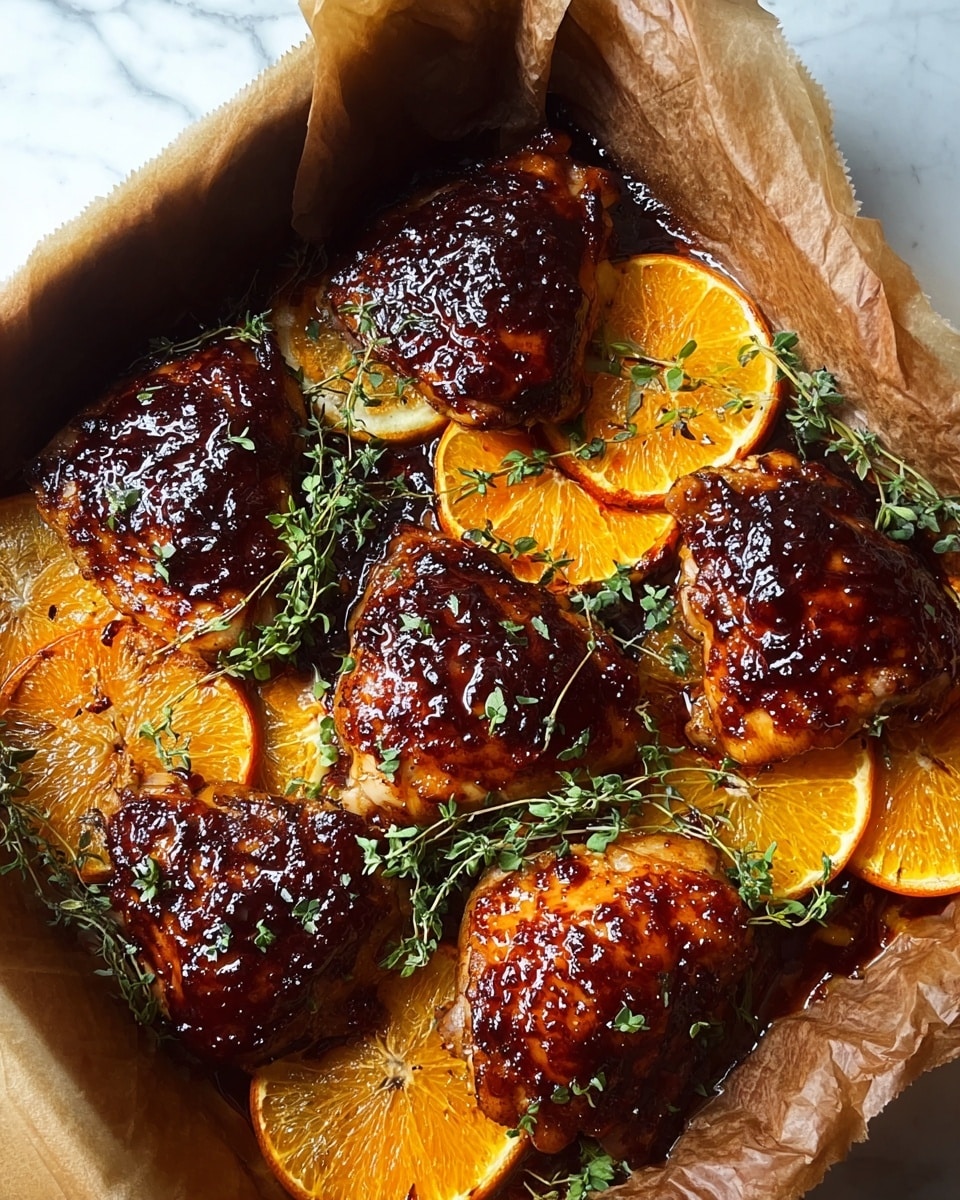 The image shows a baking pan lined with brown parchment paper holding five glossy, dark brown caramelized chicken thighs. The skin on the chicken looks crispy and shiny with a sticky glaze. Around and under the chicken are several bright orange slices, lightly browned from cooking, and sprigs of fresh green thyme scattered on top and between the chicken pieces. The edges of the parchment paper are crinkled, and the pan is close up against a white marbled texture background. photo taken with an iphone --ar 4:5 --v 7