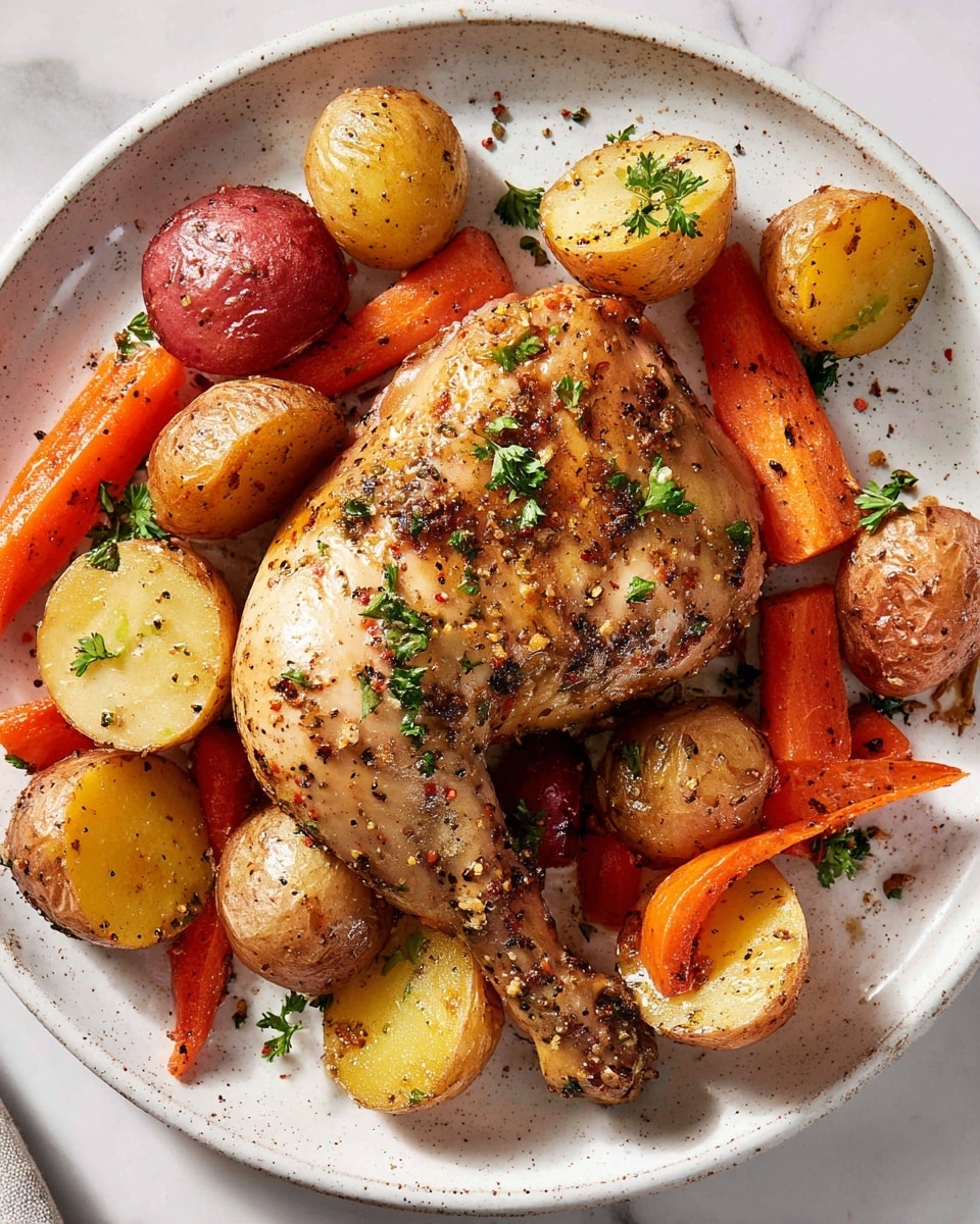 The image shows a single roasted chicken leg placed in the center of a white plate with a speckled design. Surrounding the chicken leg are several roasted baby potatoes, cut in half, with skins ranging from golden yellow to reddish-brown, showing a slightly crisp texture. Orange carrot sticks are scattered around the potatoes and chicken, baked until soft. The chicken leg has a golden brown, slightly crispy skin with whole grain mustard coating, sprinkled with small green herb pieces, likely parsley. The whole dish is lightly speckled with coarse black pepper and herbs, all set against a white marbled surface. photo taken with an iphone --ar 4:5 --v 7