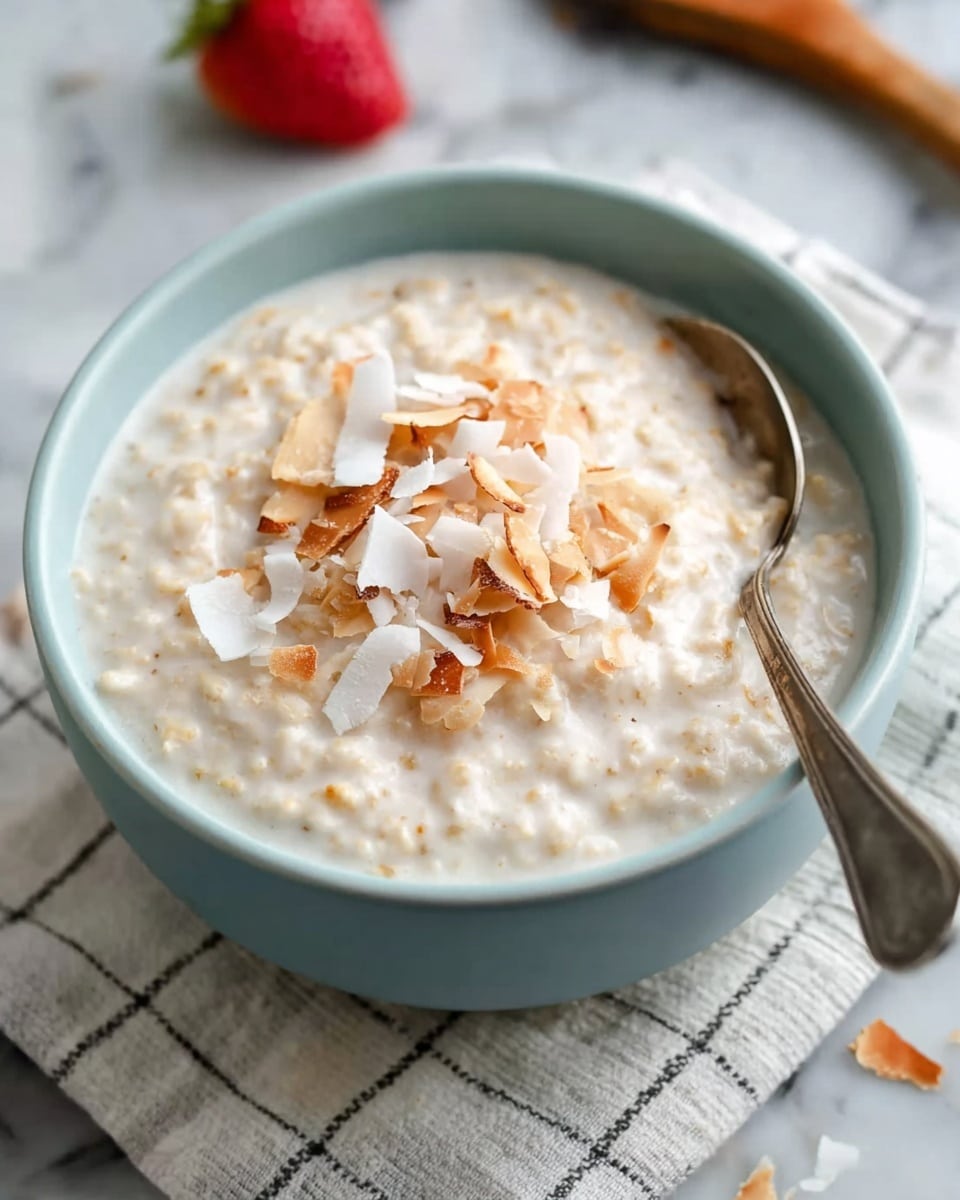 A light blue bowl filled with creamy oatmeal that looks soft and slightly thick, topped with toasted coconut flakes scattered on the surface, some flakes are golden brown and others white, with a vintage silver spoon placed inside the bowl on the right side. The bowl is set on a cloth with a simple checkered pattern, and there is a blurred strawberry and part of a wooden spoon in the background, all on a white marbled surface. photo taken with an iphone --ar 4:5 --v 7