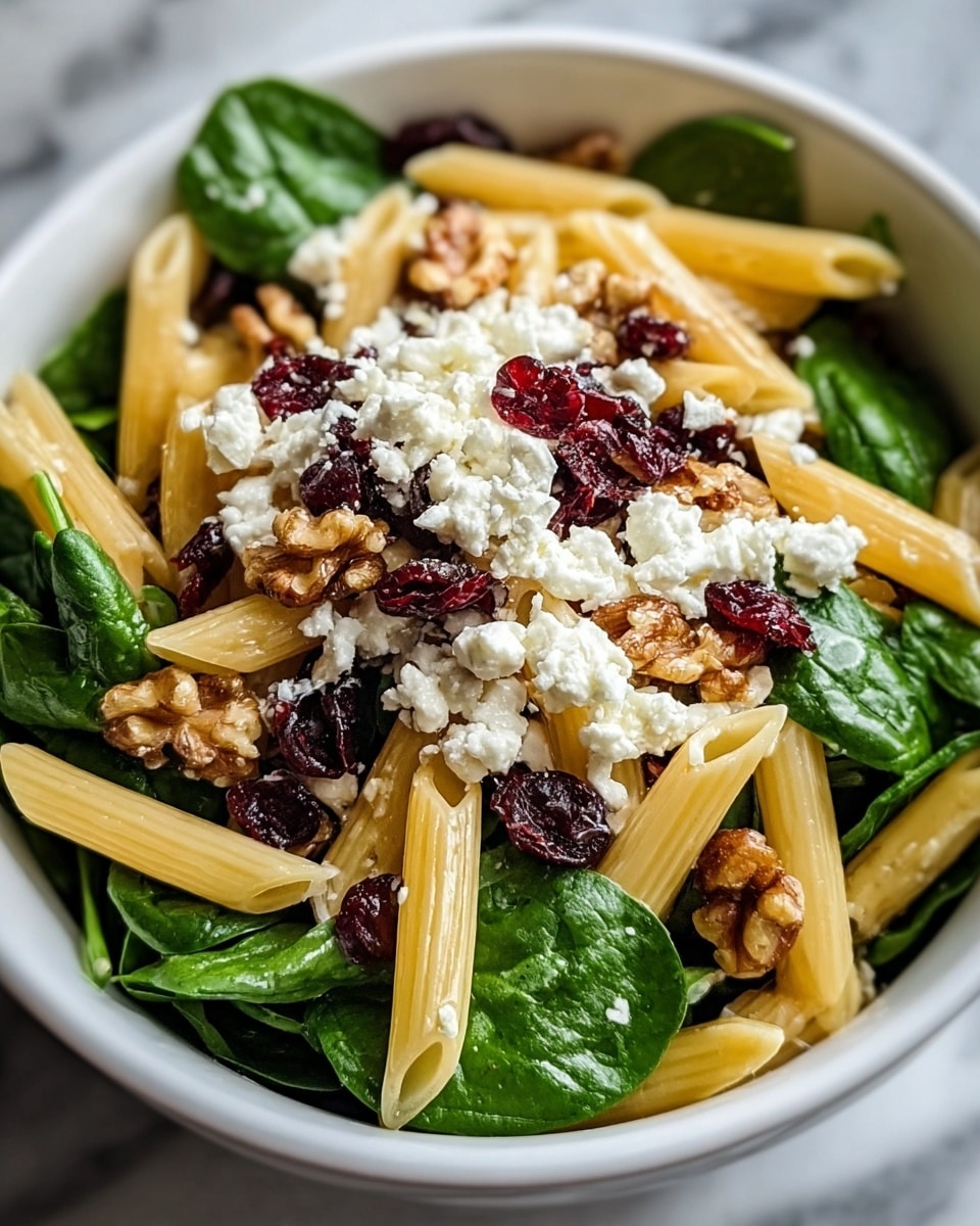 A white bowl filled with a salad that has four main layers: the bottom layer is fresh, dark green spinach leaves; on top of the spinach is a layer of light yellow penne pasta, arranged randomly; scattered over the pasta are dark red dried cranberries, adding spots of bright color; the top layer shows crumbled white cheese and medium brown walnut halves, giving a mix of soft and crunchy textures. The bowl sits on a white marbled surface. photo taken with an iphone --ar 4:5 --v 7