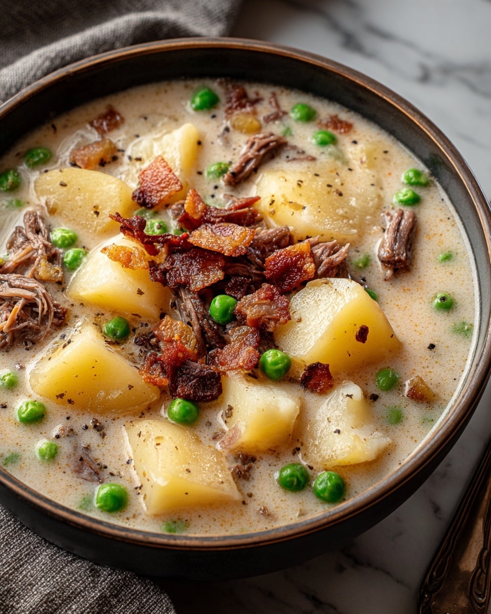 A bowl of creamy soup with three main layers is shown. The bottom layer is a light beige creamy broth with a smooth texture. Floating in the broth are potato chunks that are pale yellow with black pepper specks, green peas, and small pieces of shredded brown beef. On top are crispy small bacon bits with a golden brown color that add texture. The soup is in a dark bowl set on a white marbled surface with a gray cloth beside it. photo taken with an iphone --ar 4:5 --v 7