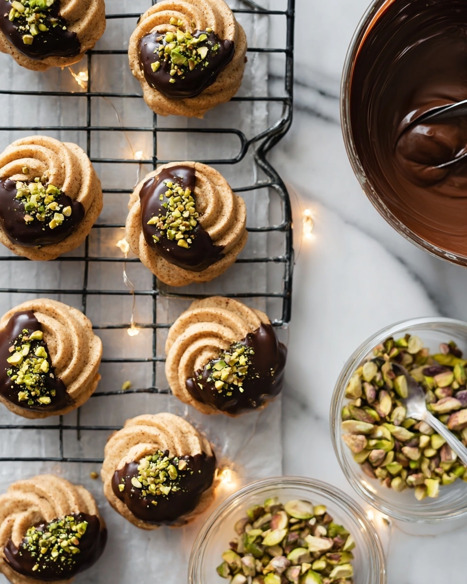 The image shows a black cooling rack on a white marbled surface holding several round, swirled cookies with light brown color. Each cookie is partially dipped in dark chocolate, covering about half of the top side, and sprinkled with chopped green pistachios on the chocolate part. To the right side of the image, there is a bowl with melted chocolate and a spoon inside it, and below that a clear glass bowl filled with chopped pistachios. The warm lights shining gently through the rack add a cozy feel to the scene. photo taken with an iphone --ar 4:5 --v 7