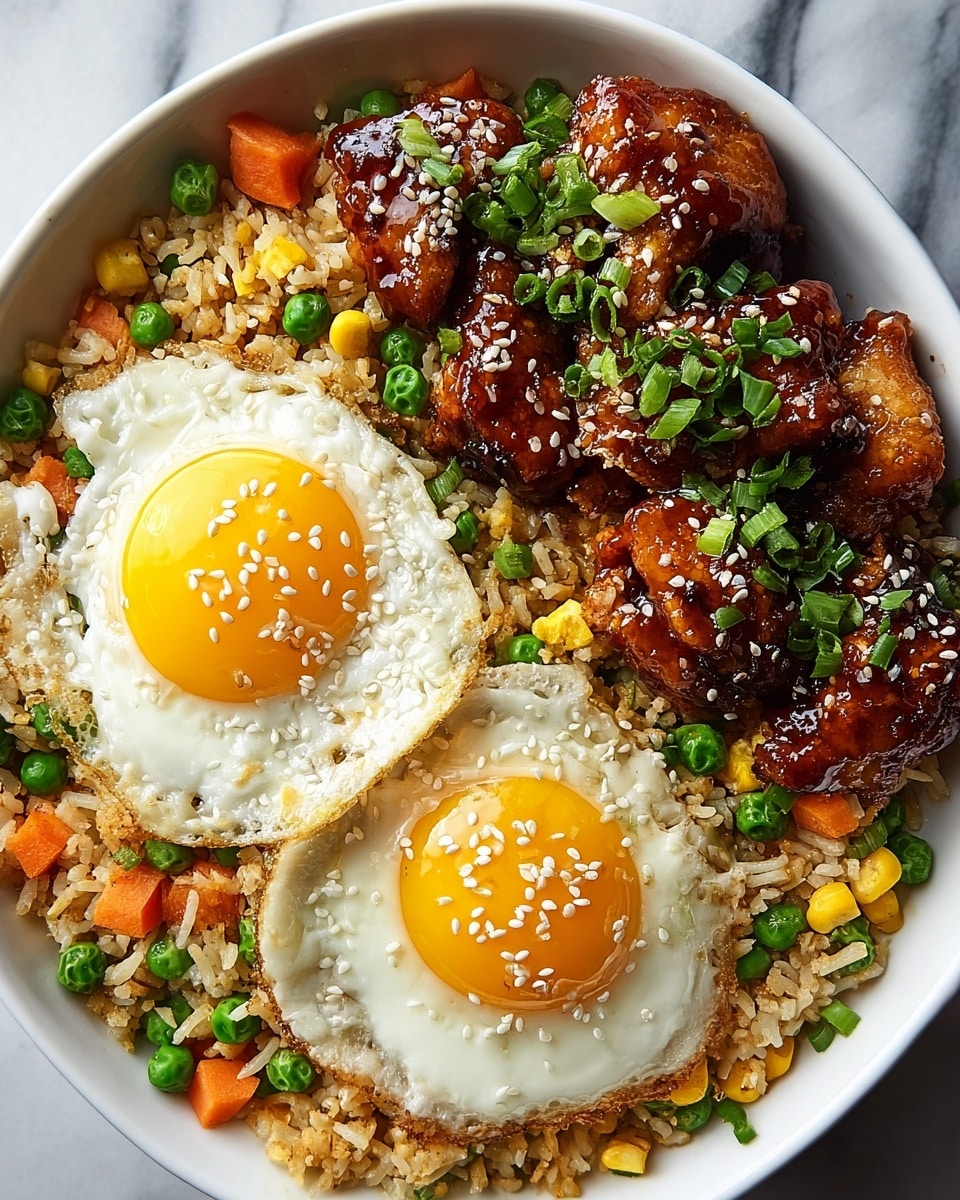 A white bowl is filled with a base layer of fried rice mixed with green peas, diced orange carrots, and yellow corn kernels. On top of the rice, there are two sunny-side-up eggs with bright yellow yolks and slightly crispy, white edges, each sprinkled with white and black sesame seeds and small pieces of chopped green onions. Next to the eggs, there is a pile of glazed chicken pieces coated in a shiny, dark brown sauce, also topped with sesame seeds and chopped green onions. The bowl sits on a white marbled surface. photo taken with an iphone --ar 4:5 --v 7