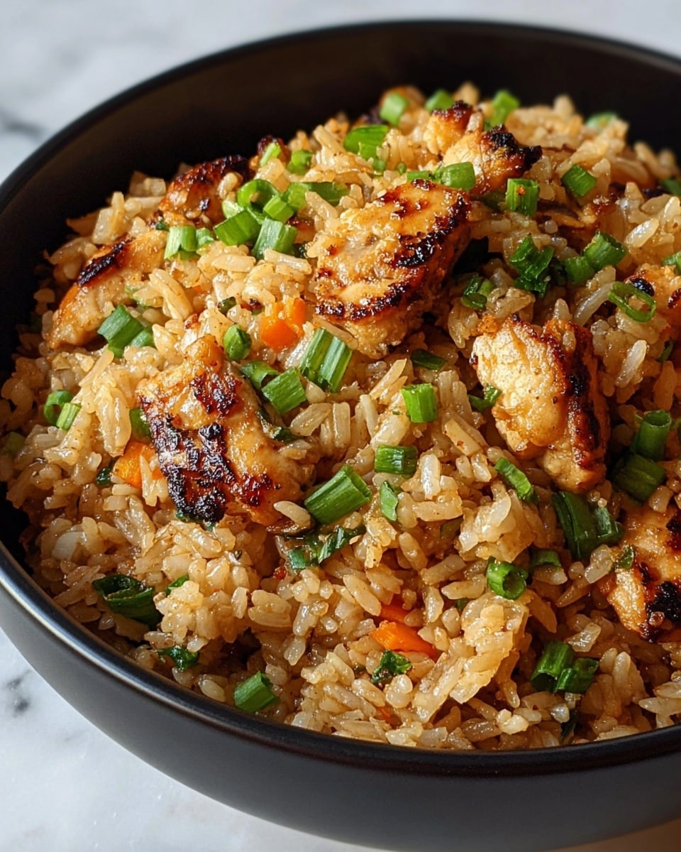 A close-up view of a black bowl filled with fried rice mixed with grilled chicken pieces and chopped green onions. The fried rice has a light brown color with visible grains that look moist and well cooked, scattered with small orange carrot bits. The chicken pieces are golden brown with some charred areas, adding a slightly crispy texture. Bright green chopped onions are sprinkled on top, providing a fresh contrast to the warm tones of the rice and chicken. The bowl sits on a white marbled surface, softly lit to highlight the textures and colors of the food. Photo taken with an iphone --ar 4:5 --v 7