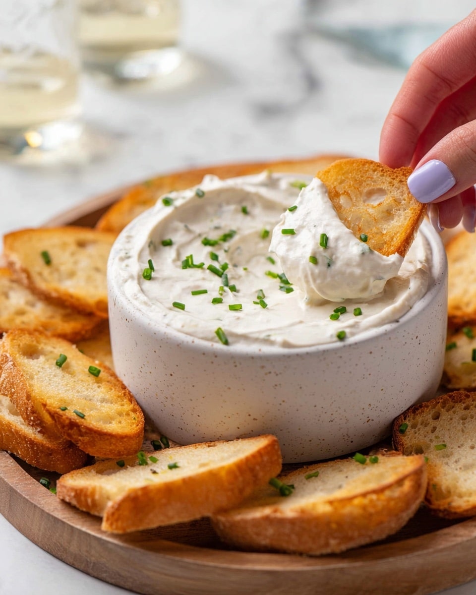 A white speckled bowl filled with a thick, creamy white dip topped with small green chives, placed on a wooden round tray surrounded by golden toasted bread slices. A woman's hand with light purple nail polish is dipping one of the bread slices into the smooth, slightly swirled dip. The background is a white marbled surface with blurred clear glasses in the distance. Photo taken with an iphone --ar 4:5 --v 7