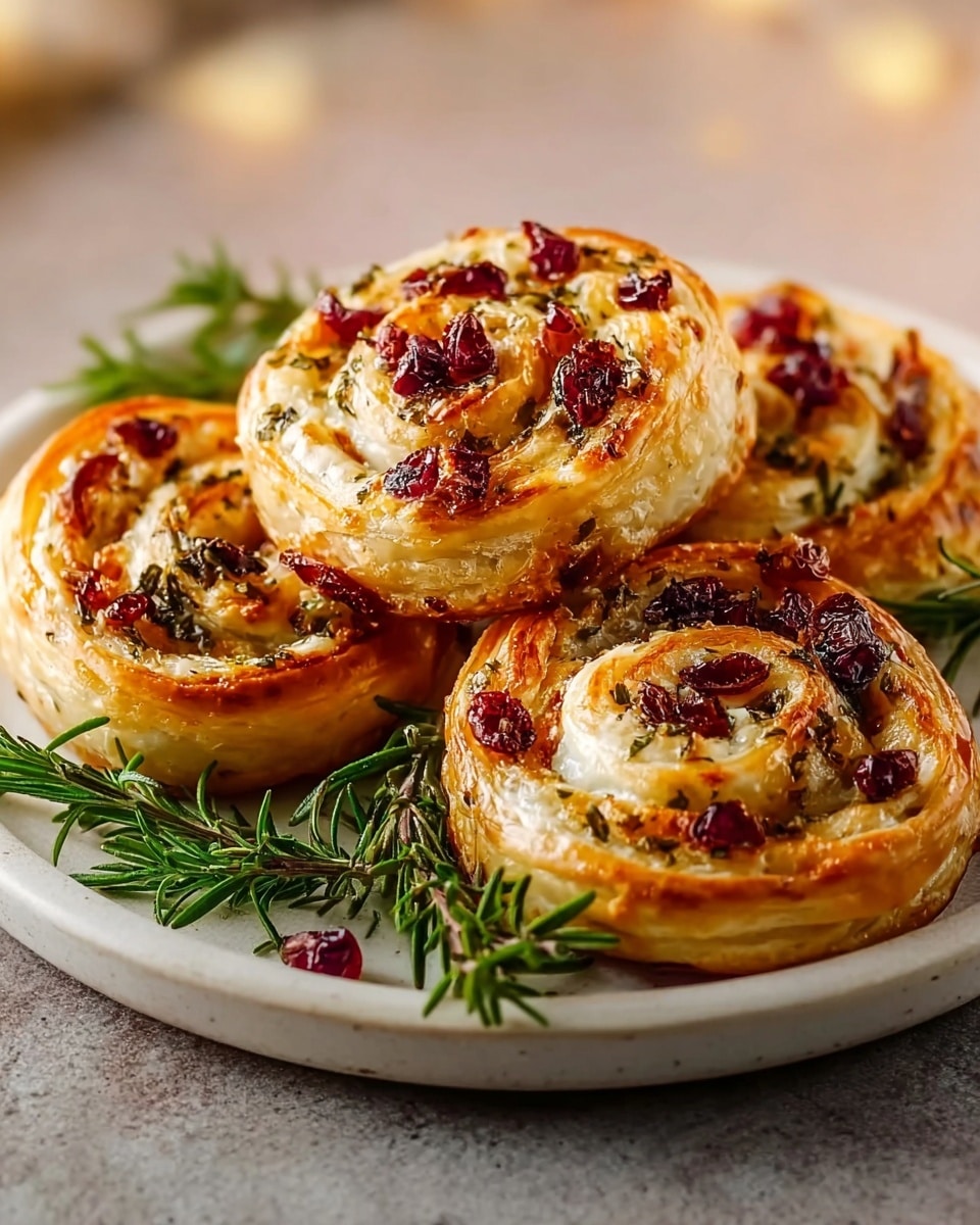 The image shows four golden-brown puff pastry swirls arranged closely on a white plate, each swirl having multiple layers with a light flaky texture. The top layer of each pastry is sprinkled with small pieces of dried red cranberries and green herbs creating a colorful contrast. Inside the spirals, there is a creamy white cheese filling peeking through, adding to the layered look. Small sprigs of fresh rosemary sit beside the pastries on the plate, adding a touch of green to the scene. The plate is set on a white marbled texture with a soft, warm background that gives a cozy feeling. photo taken with an iphone --ar 4:5 --v 7