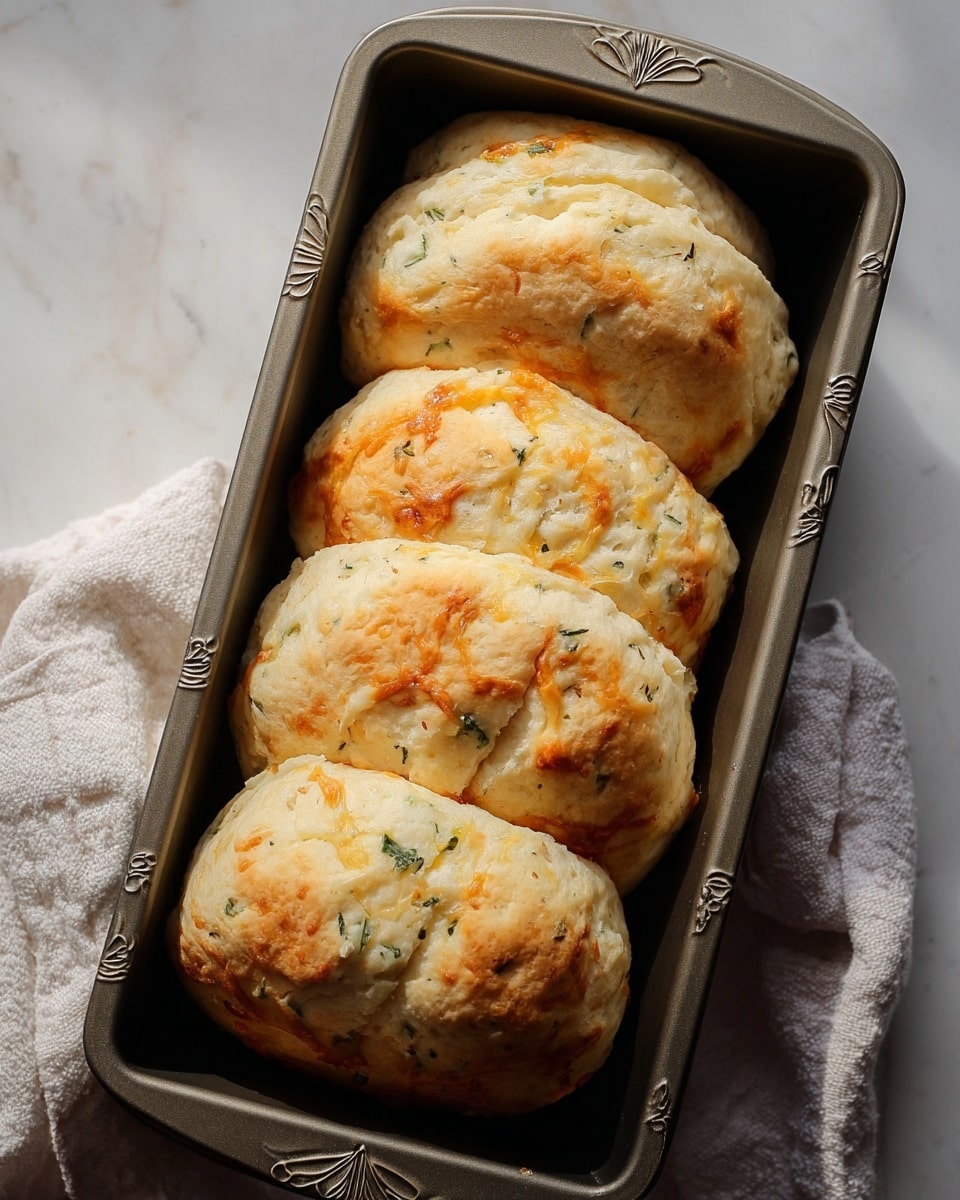 The image shows five fluffy biscuit-like buns arranged snugly in a rectangular baking pan with embossed floral and butterfly designs on the edge. Each bun is light golden with hints of browned edges and specks of green herbs and melted cheese spread unevenly within the dough, giving a soft, slightly textured look. The baked tops are gently puffed and cracked, showing a tender, airy inside. The pan sits on a white marbled textured surface with a light-colored cloth partially visible. Photo taken with an iphone --ar 4:5 --v 7