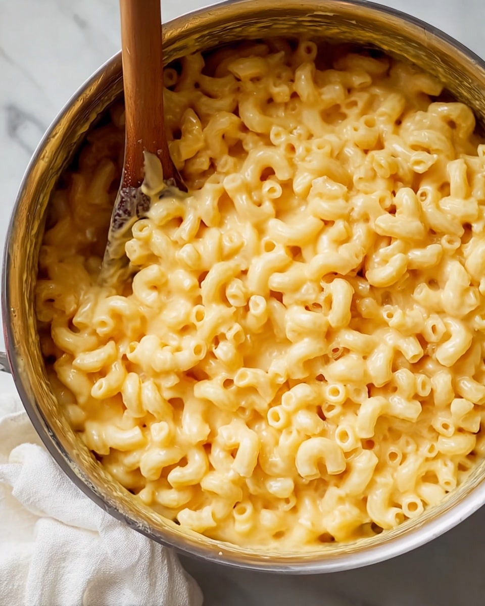 A close-up view of a large metal pot filled with creamy elbow macaroni mixed in melted yellow cheese sauce. The macaroni pieces are soft and coated with the smooth, rich cheese, showing a glossy texture. A wooden spoon is partially visible on the left side of the pot, slightly submerged in the cheesy pasta. The pot sits on a white marbled surface with a white cloth beside it. Photo taken with an iphone --ar 4:5 --v 7