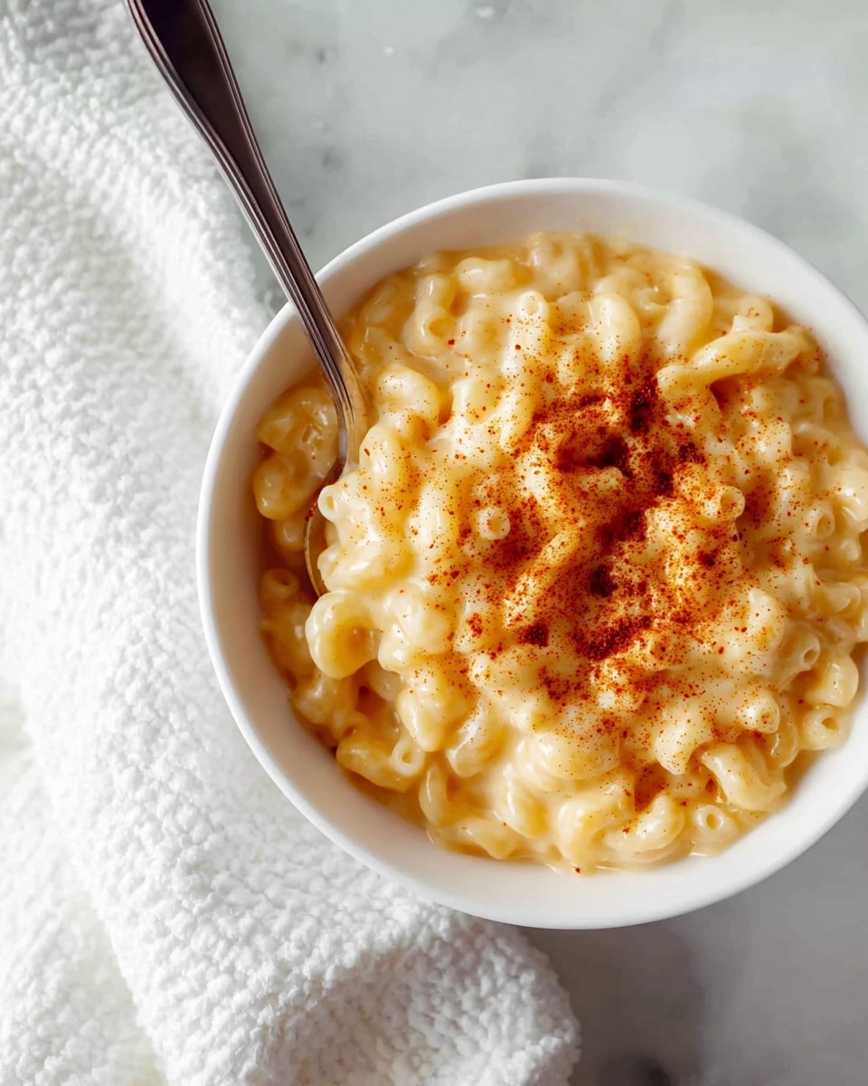 A white bowl filled with creamy macaroni and cheese, showing about two layers of elbow macaroni covered in smooth, yellowish cheese sauce, topped with a sprinkle of reddish-brown paprika dusted in the center; a silver spoon rests inside the bowl on the left side, and the bowl sits on a white marbled surface beside a textured white cloth. photo taken with an iphone --ar 4:5 --v 7