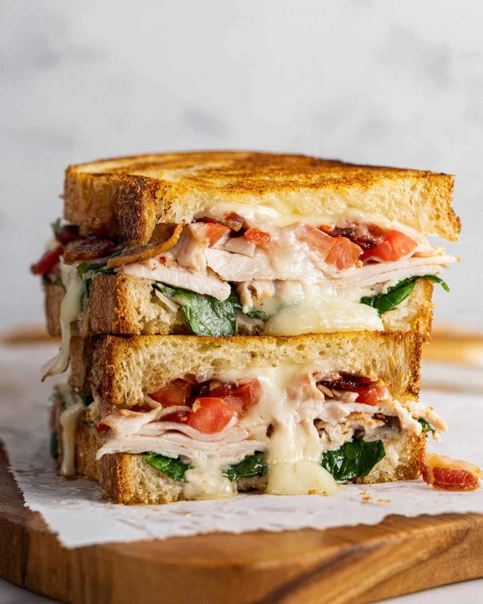 A grilled sandwich cut in half and stacked shows three main layers of toasted golden brown bread with a crispy texture. Between the layers, there are slices of light pink roasted turkey, melted creamy white cheese dripping slightly, fresh green spinach leaves, crispy bacon, and red tomato pieces. The sandwich is placed on white parchment paper on a wooden board with a clean, white marbled surface in the background. Photo taken with an iphone --ar 4:5 --v 7