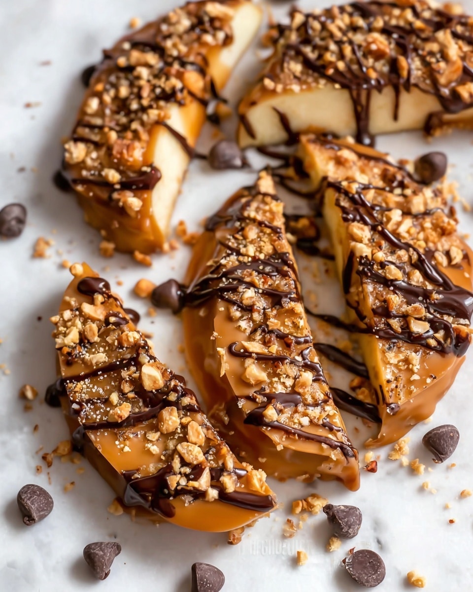 The image shows several thick apple slices arranged in a loose ring on a white marbled surface, each slice topped with a smooth, shiny layer of caramel that is light brown in color. Over the caramel, a dark brown chocolate drizzle is spread unevenly, creating a contrast in texture and color. The top of each slice is sprinkled with small crushed nuts, adding a crumbly texture and golden tan highlights. Scattered chocolate chips are also visible around the apple slices, giving a hint of the ingredients. The overall look is rich and inviting with a mix of soft, smooth, and crunchy textures. photo taken with an iphone --ar 4:5 --v 7