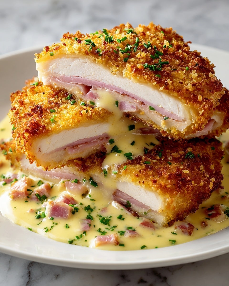 A close-up of golden brown breaded chicken cutlets cut to show layers: a crispy and crunchy outer breaded layer, a thick white chicken breast layer inside, and thin pink ham pieces layered within the chicken. The cutlets are topped and surrounded by a creamy light yellow sauce with bits of green herbs and small ham pieces. The dish is on a white plate set on a white marbled surface. Photo taken with an iphone --ar 4:5 --v 7