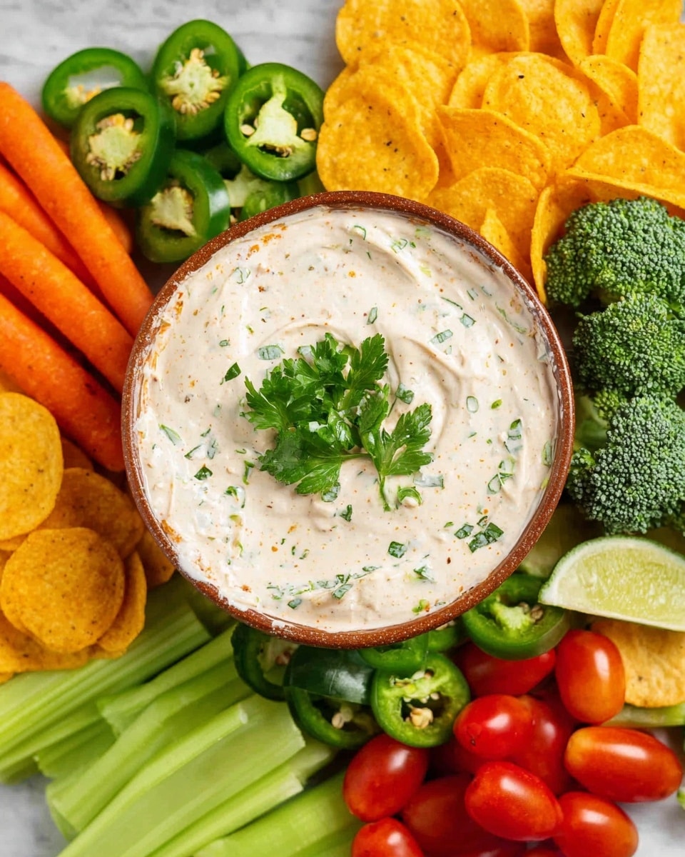 A round white bowl filled with creamy off-white dip that has green herb sprinkles and a small bunch of green parsley placed in the center, surrounded by colorful fresh vegetables and snacks. Around the bowl, there are bright orange baby carrots at the top, halved green jalapeños with pale seeds scattered on the sides, light yellow round corn chips in two piles, vibrant green celery sticks on one side, small red cherry tomatoes, and fresh green broccoli florets arranged neatly on a white marbled surface. photo taken with an iphone --ar 4:5 --v 7
