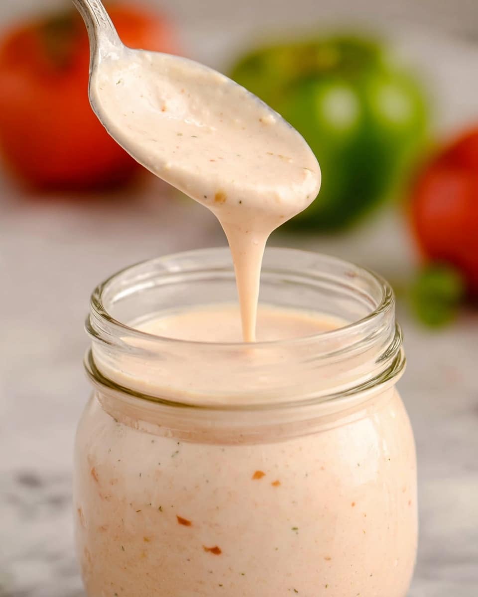 A close-up image showing a clear glass jar filled with a thick, creamy sauce of pale pink color with small visible specks of herbs and spices. A spoon, held above the jar by a woman's hand out of frame, drips some of the sauce back into the jar, highlighting its smooth and slightly textured consistency. In the blurred background, there are round green and red objects that seem to be vegetables, all set on a white marbled texture. photo taken with an iphone --ar 4:5 --v 7