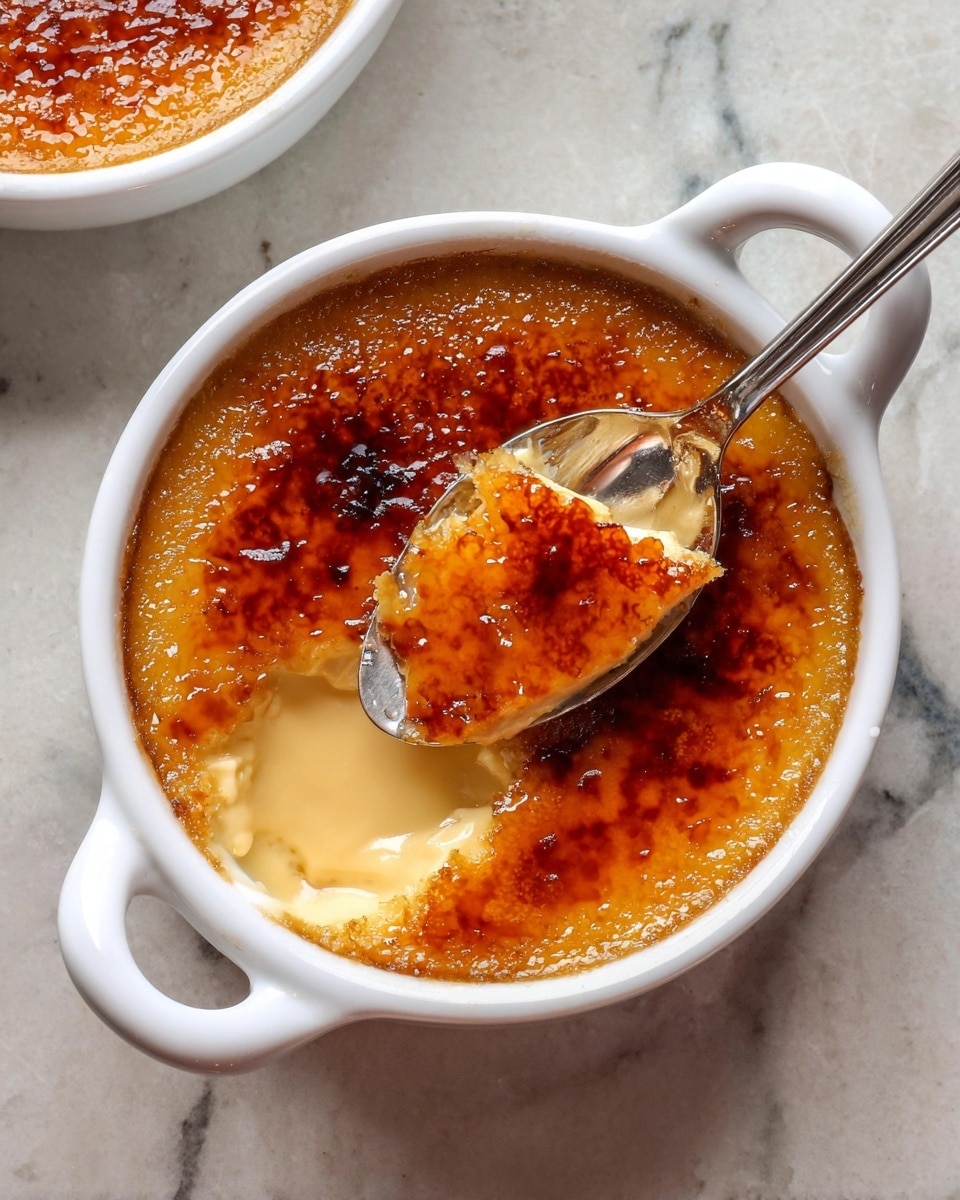 The image shows a close-up of a white bowl filled with crème brûlée. The top layer is a shiny, caramelized sugar crust that is golden brown with some darker burnt spots, cracked in several places to reveal a creamy, smooth, light tan custard underneath. The texture of the cracked caramel is glass-like and brittle, with some pieces tipping into the custard. The contrast between the crunchy caramel layer and the soft custard below is clear. The bowl is placed on a white marbled surface. photo taken with an iphone --ar 4:5 --v 7