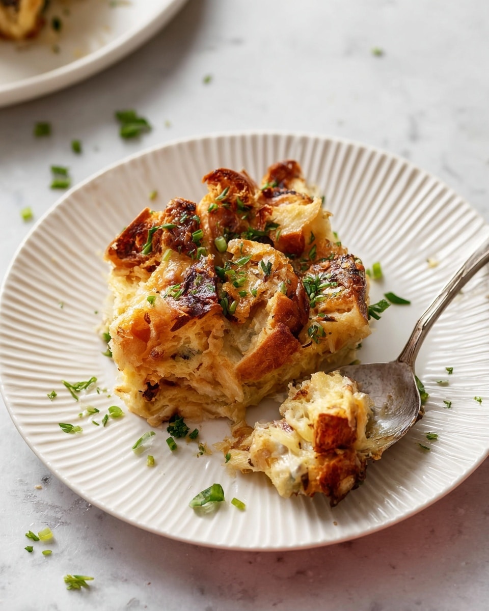 A white plate with a pattern of ridges holds a serving of layered bread pudding or savory strata. The dish features golden brown, flaky bread pieces that look crispy on the outside and soft inside, with visible layers and bits of chopped green herbs sprinkled on top and around. A metal spoon rests on the plate, holding a portion of the dish, showing its slightly sticky, creamy texture mixed with toasted bread layers. The plate sits on a white marbled textured surface, with extra green herb pieces scattered nearby. photo taken with an iphone --ar 4:5 --v 7