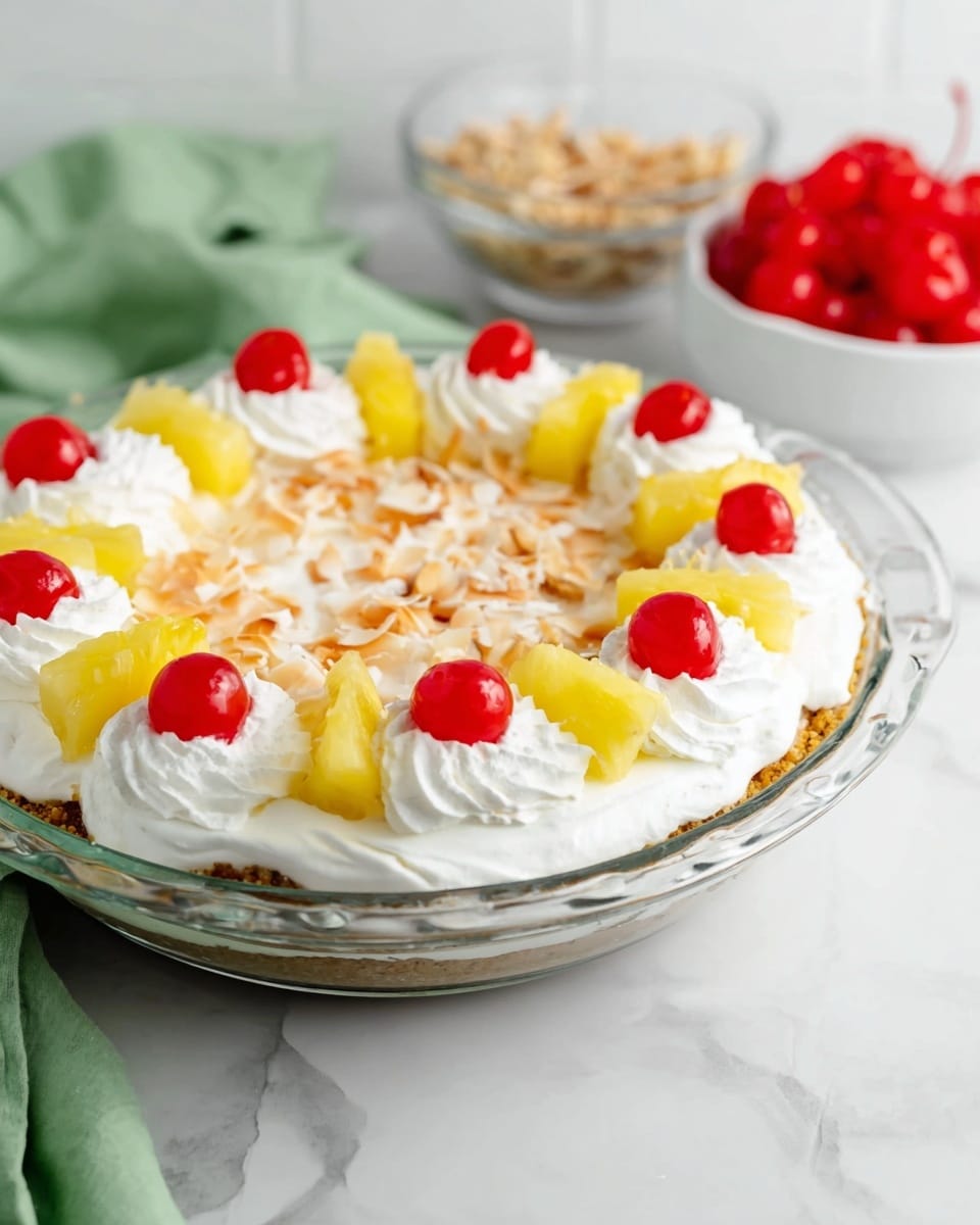 A clear glass pie dish holds a dessert with a crumbly light brown crust base, topped with a thick white creamy layer, which is sprinkled with toasted light brown coconut flakes mostly around the edges. The top is decorated with evenly spaced whipped cream swirls along the edge, each topped with bright yellow pineapple slices and shiny red maraschino cherries. In the blurred background, there is a white bowl filled with more cherries and some crushed nuts in a glass bowl on a white marbled surface with a green cloth draped on the side. Photo taken with an iphone --ar 4:5 --v 7