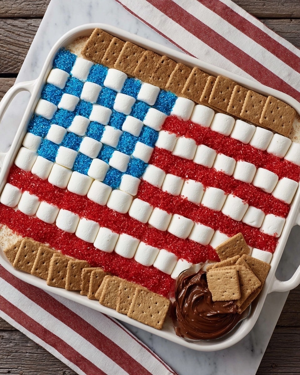 A clear glass dish shows a fun s'mores dessert with toasted marshmallows on top arranged in a flag pattern. The top left corner has nine square marshmallows colored bright blue with a slightly toasted texture. The rest of the dish is covered by red marshmallows with a sugar sparkle effect, except for two horizontal rows of plain toasted marshmallows that go across the middle, creating white stripes. The dish sits on a white cloth with blue stripes, on a white marbled surface, with some plain rectangular graham crackers and white marshmallows scattered around. photo taken with an iphone --ar 4:5 --v 7
