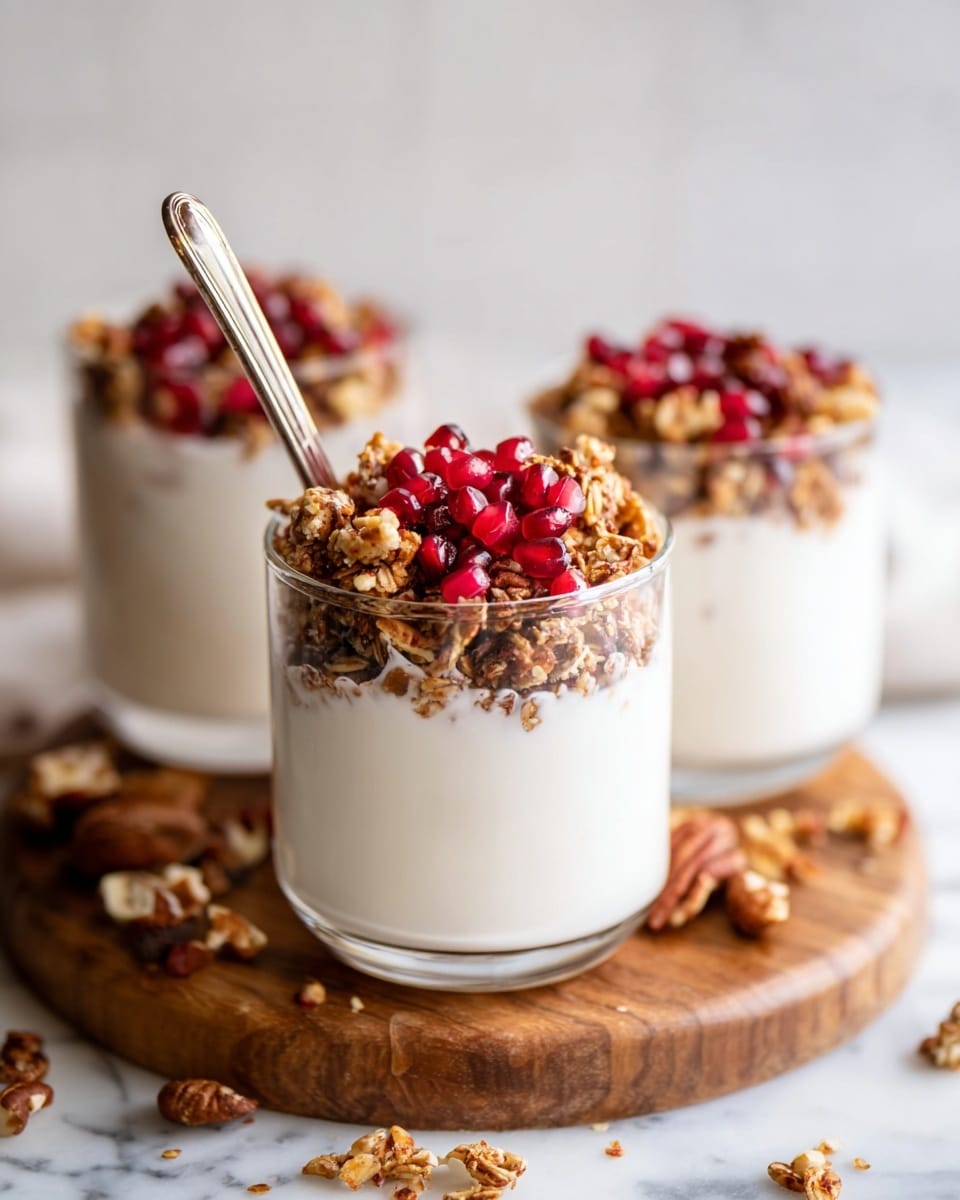 The image shows three clear glasses filled with a smooth white yogurt base about three-quarters full. On top of the yogurt, there is a thick layer of crunchy granola mixed with small nut pieces, with a scattering of bright red pomegranate seeds adding a pop of color. The glasses are placed on a round wooden board, which rests on a white marbled surface, with a few nuts and granola pieces scattered around. One glass in the front has a metallic straw inserted into it, angled slightly to the right. The background is softly blurred, drawing focus to the textures and colors of the yogurt, granola, and pomegranate seeds. photo taken with an iphone --ar 4:5 --v 7