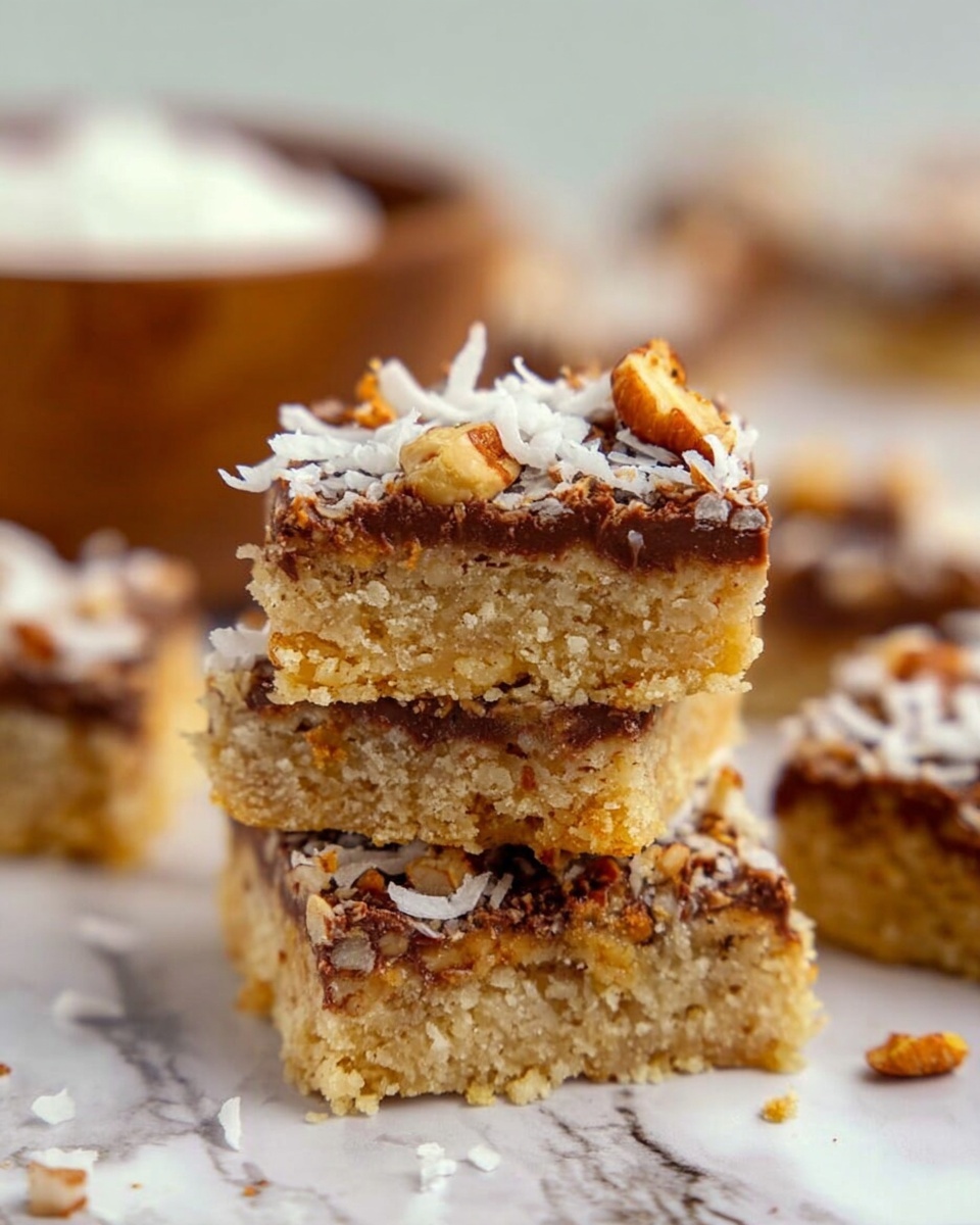 The image shows a stack of three dessert bars placed on a white marbled surface. Each bar has two visible layers: the bottom layer is a thick, crumbly golden-brown bar with a coarse texture, and the top layer features melted chocolate mixed with small pieces of nuts and sprinkled shredded white coconut flakes. The bars are square-shaped, and the texture looks soft yet firm, with the nuts and coconut adding extra detail on the surface. In the blurred background, more dessert bars can be seen along with a wooden bowl holding shredded coconut. photo taken with an iphone --ar 4:5 --v 7