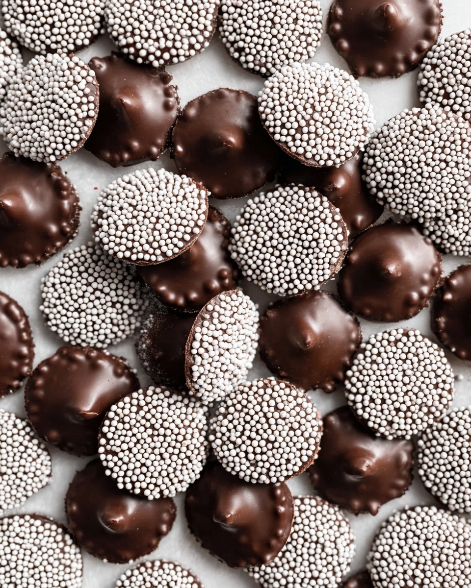 A close-up view of many small round chocolates with two different looks is shown. One type is smooth and shiny dark brown with little peaks in the center, showing a soft texture. The other type has the same dark brown base but is covered on top with many small white candy beads, creating a bumpy, rough texture. These chocolates are spread out and overlapping, resting on a white marbled surface. The mix of smooth and beaded chocolates makes a striking contrast in texture and color. photo taken with an iphone --ar 4:5 --v 7