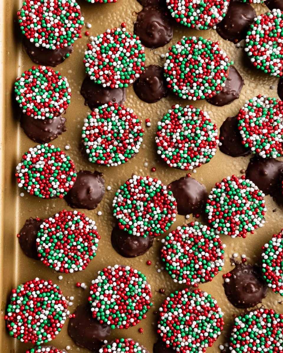 The image shows many small, round chocolate candies on a gold baking tray. Each candy has a thick dark brown chocolate base with a glossy texture. On top of the chocolate, there is a thick layer of small round sprinkles in red, white, and green colors, creating a festive look. The candies are scattered across the tray in different sizes, some larger and some smaller. The smooth shiny surface of the tray contrasts with the rough texture of the sprinkles. photo taken with an iphone --ar 4:5 --v 7