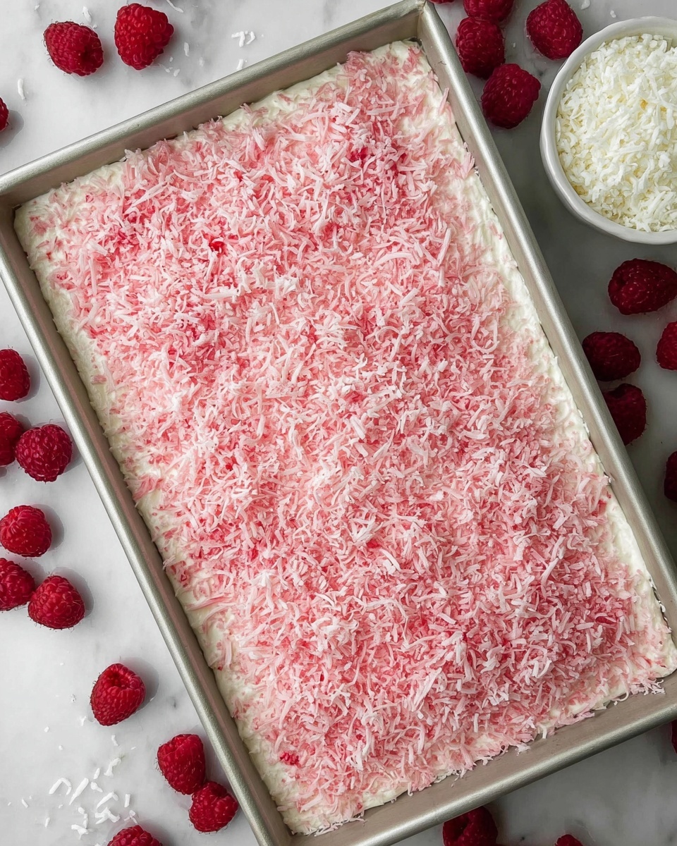 A rectangular dessert in a metal pan shows two main layers: the bottom layer is white and creamy, while the top layer is fully covered with a thick layer of shredded coconut dyed pink, giving a textured, fluffy look. Around the pan, there are fresh red raspberries scattered on a white marbled surface, along with a small white bowl filled with white shredded coconut. The colors mainly include white, pink, and red, making a soft and fresh appearance. Photo taken with an iphone --ar 4:5 --v 7