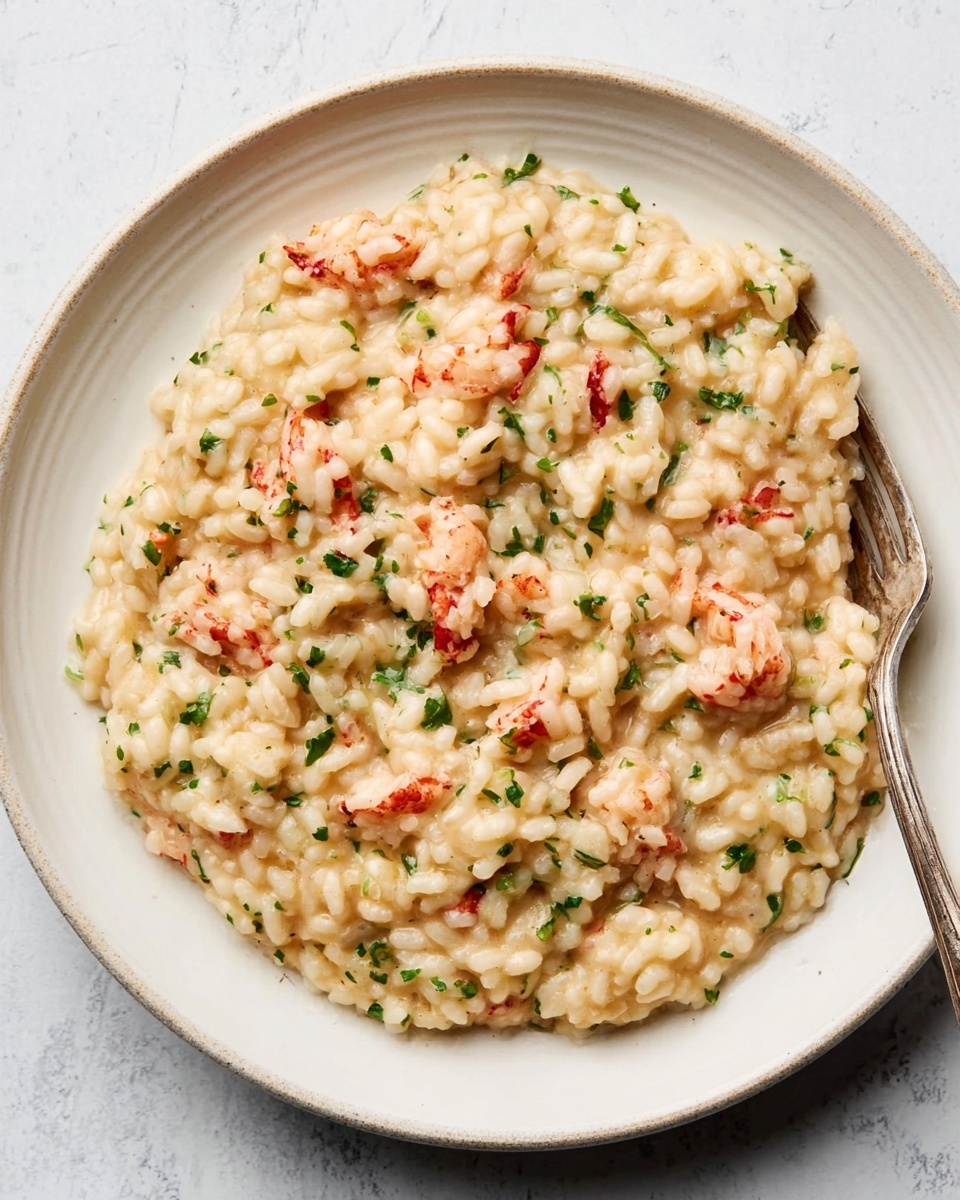 A white round plate with creamy risotto spread evenly inside. The risotto is light beige with small green herb pieces scattered throughout. On top, there are pinkish pieces of cooked shrimp or lobster placed evenly, adding a pop of color. A silver fork rests on the right side of the plate, partly on the risotto. The background is a white marbled texture. Photo taken with an iphone --ar 4:5 --v 7