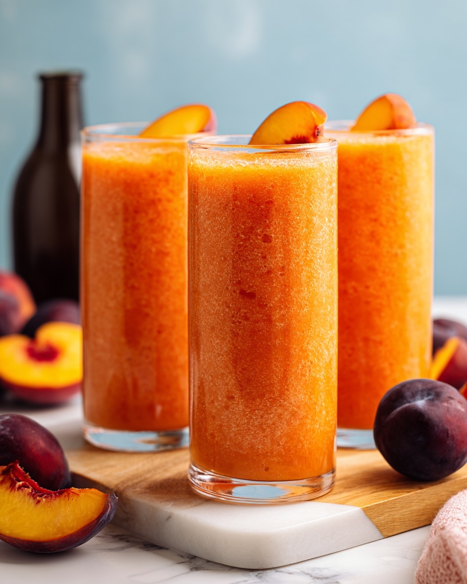 Three tall clear glasses filled with a bright orange peach smoothie that looks thick and frothy on top. Each glass is garnished with a fresh peach slice on the rim. The glasses are placed in a row on a wooden board, set on a white marbled surface. In the background, there are whole dark purple peaches and some cut peach pieces. The background is a soft light blue color, with a blurred dark bottle on the left side. Photo taken with an iphone --ar 4:5 --v 7
