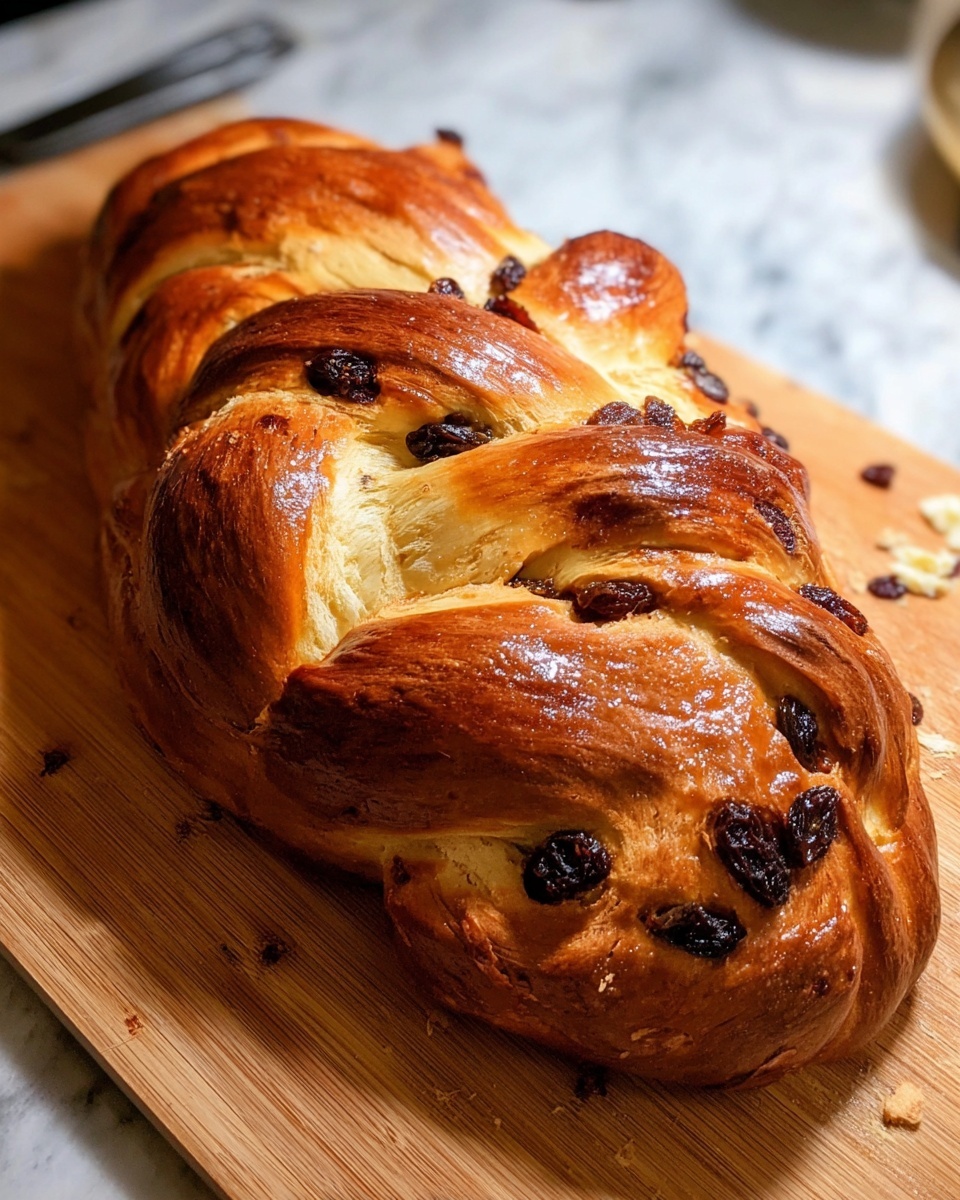 A golden brown braided bread loaf with a shiny, slightly crispy crust rests on a wooden cutting board. The bread has multiple visible layers formed by the braiding, showing a soft, fluffy texture inside. It is studded with dark raisins scattered across the top and within the layers. The bread looks fresh and warm, with a few small crumbs around it on the board. The background has a white marbled texture. photo taken with an iphone --ar 4:5 --v 7