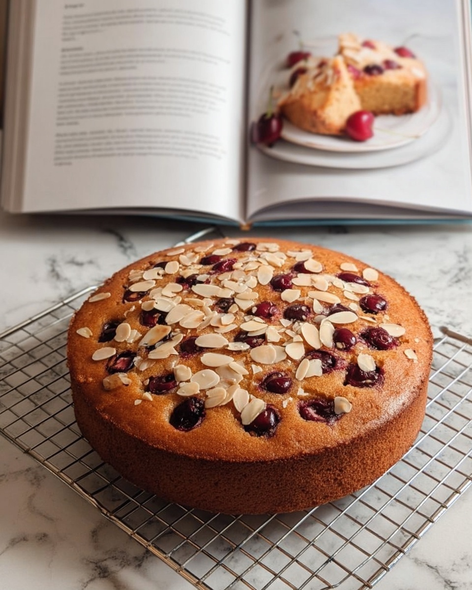 A round cherry cake sits on a cooling rack above a white marbled surface. The cake has a golden-brown color and is topped with scattered slivered almonds and dark red cherries embedded in the top layer. It looks soft and slightly moist with a smooth, even top. Behind the cake, there is an open cookbook resting on the white marbled surface, showing the recipe on the left page and a photo of the cherry cake sliced on a white plate on the right page. Photo taken with an iphone --ar 4:5 --v 7