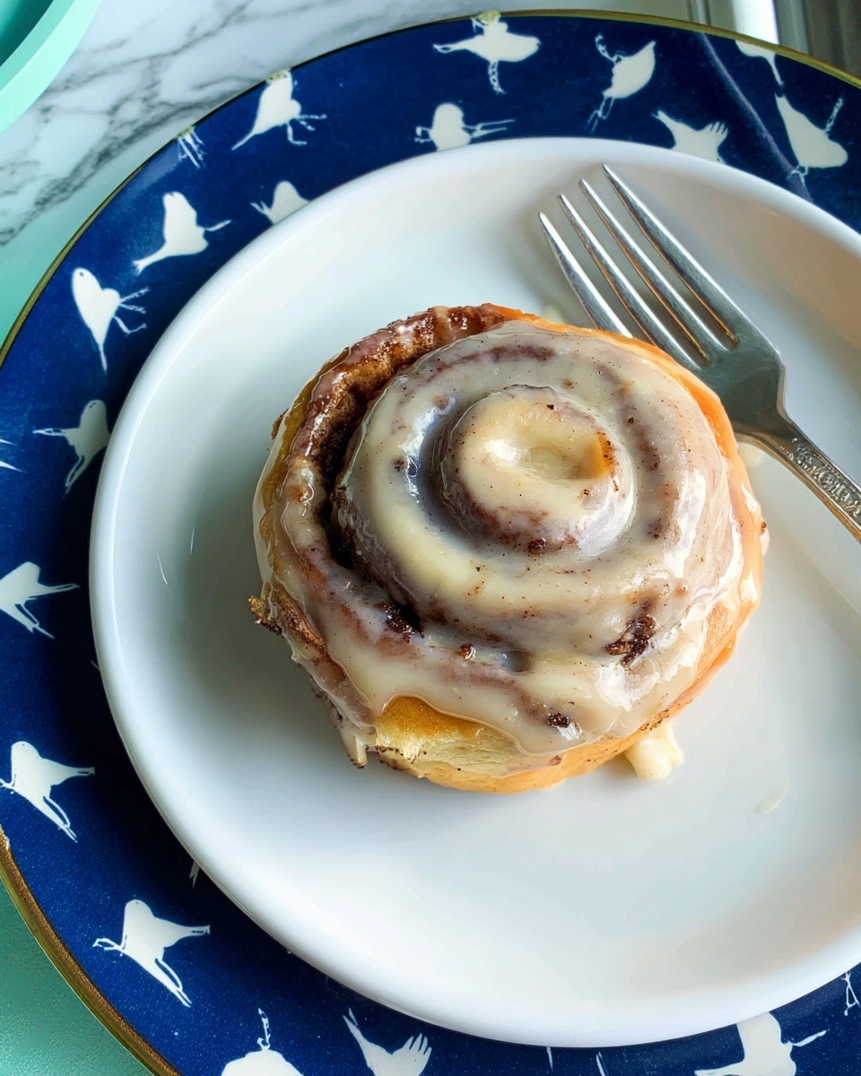 A single cinnamon roll is shown from above on a white plate, placed on top of a larger white plate with a blue border decorated with small white bird shapes. The cinnamon roll has three visible layers spiraled tightly, with a soft brown dough base and darker cinnamon filling. It is covered with a thick layer of creamy, pale beige icing that smoothly coats the top and slightly drips down the sides, showing small specks of cinnamon or spice. The background is a white marbled texture with a silver fork resting on the plate's right edge. Photo taken with an iphone --ar 4:5 --v 7