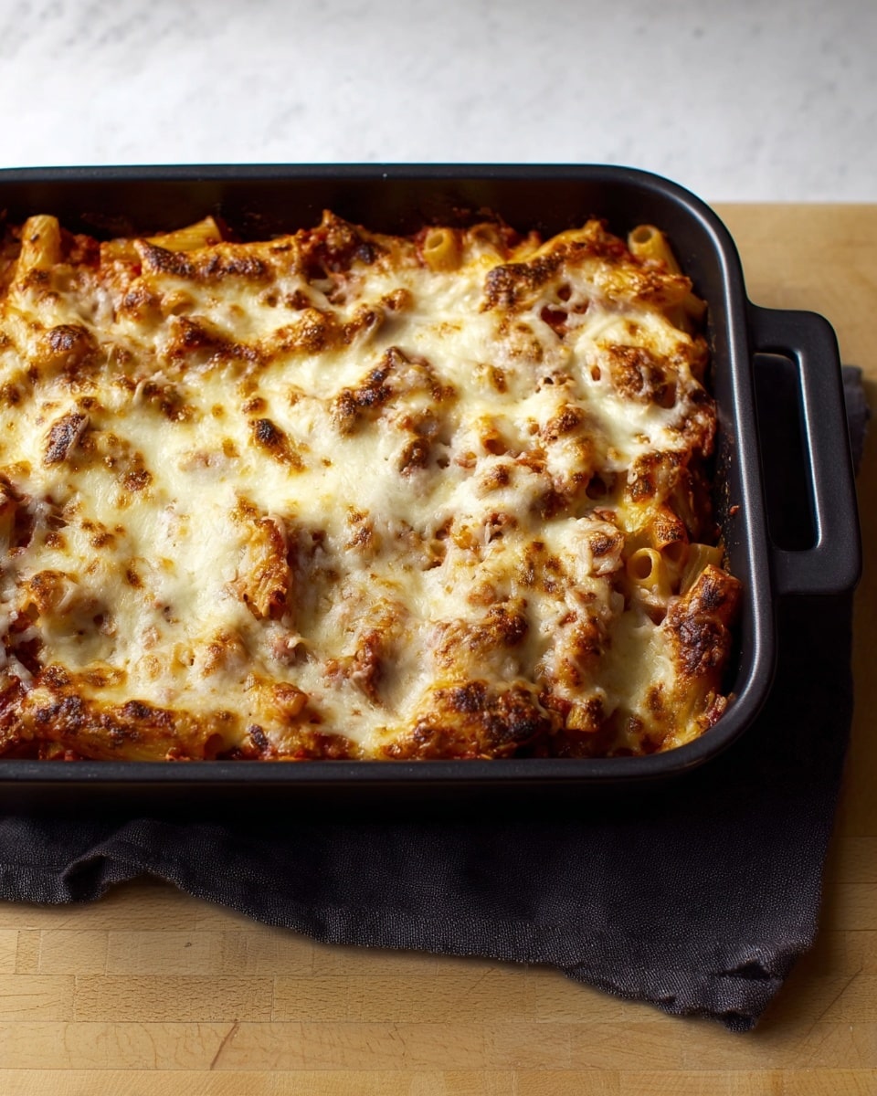 A black rectangular baking dish filled with baked pasta is shown, sitting on a dark cloth over a light wooden surface. The dish contains layers starting with a reddish tomato sauce and pasta tube shapes mixed with meat or vegetables at the bottom. On top, there is a thick layer of melted cheese browned in spots, giving it a golden and slightly crispy texture. The cheese layer covers the pasta evenly and looks gooey and soft under the browned top. The background behind the dish is plain and light. Photo taken with an iphone --ar 4:5 --v 7