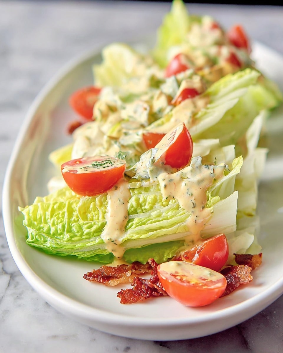 The image shows a wedge salad on a white oval plate placed on a white marbled surface. The salad has three main layers: the base layer is bright green pale iceberg lettuce cut into a thick wedge with crisp and layered leaves; on top of it are small bright red cherry tomato halves; the uppermost layer consists of creamy, light tan salad dressing drizzled over the lettuce, with some herbs visible in the dressing. There are also small bits of what looks like crispy brown bacon at the base of the wedge. Photo taken with an iphone --ar 4:5 --v 7