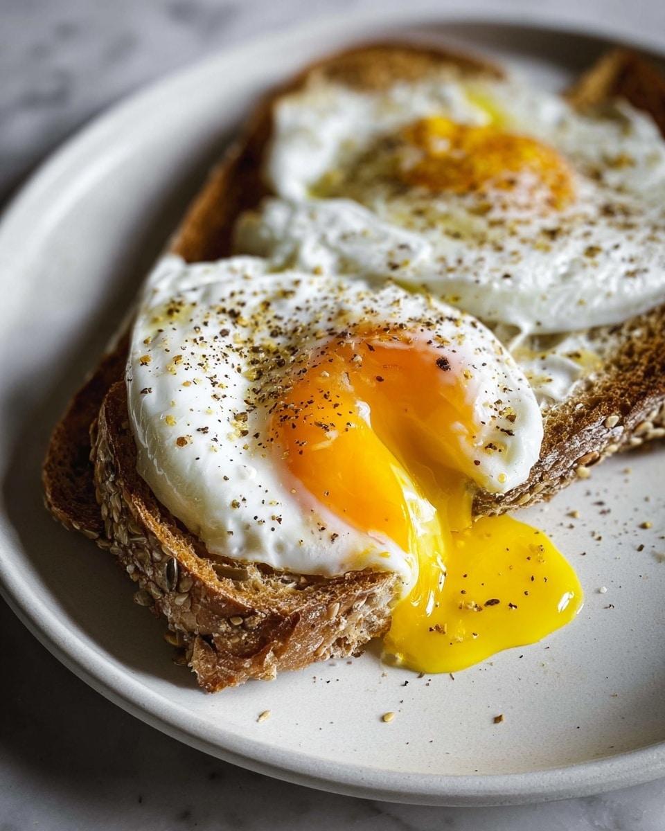 A close-up of two fried eggs with soft, runny yellow yolks sprinkled with black pepper, sitting on a thick slice of toasted brown bread with a rough texture full of seeds, all placed on a white plate. One egg is cut in half, showing the bright, flowing yolk that contrasts with the smooth, white egg whites. The plate rests on a white marbled texture surface, catching the natural light that highlights the glossy yolks and the crispy edges of the toast. photo taken with an iphone --ar 4:5 --v 7
