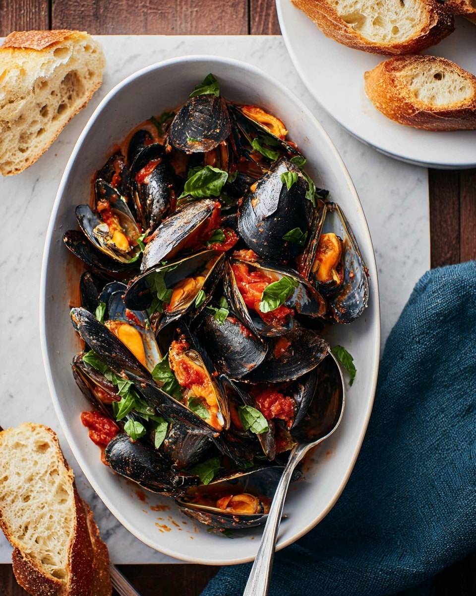 An oval white bowl filled with cooked black mussels, some shells open showing orange flesh inside, covered with bright red tomato sauce and scattered fresh green basil leaves. A silver fork rests inside the bowl, slightly tilted. Around the bowl are pieces of crusty white bread with a golden crust, one broken piece at the bottom and slices on a white plate at the top right, all set on a white marbled texture. A dark blue cloth lies on the right edge of the frame. photo taken with an iphone --ar 4:5 --v 7