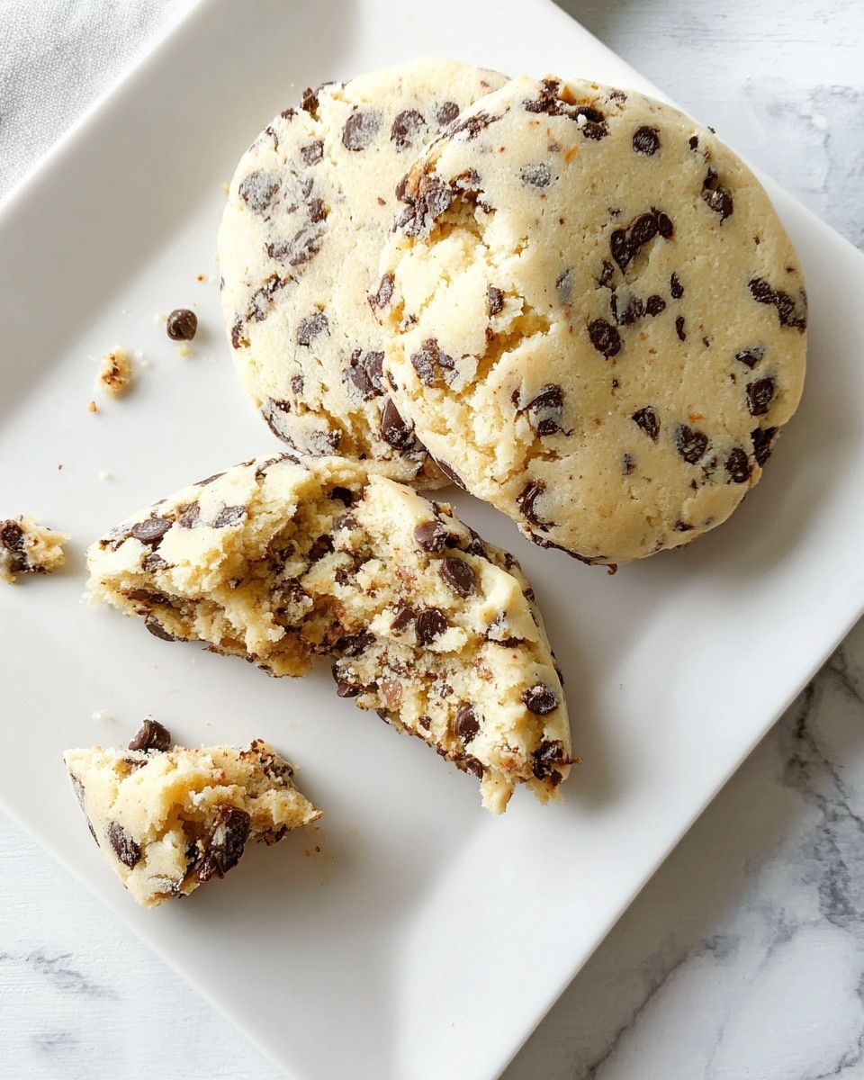 The image shows two large round cookies on a white square plate, placed on a white marbled surface. Each cookie is thick, light beige in color, with many small dark chocolate chips spread throughout. One cookie is whole, while the other is broken in half and a small piece is broken off, showing a soft, crumbly inside with the same chocolate chips. The texture looks slightly cracked and crunchy on top. Photo taken with an iphone --ar 4:5 --v 7