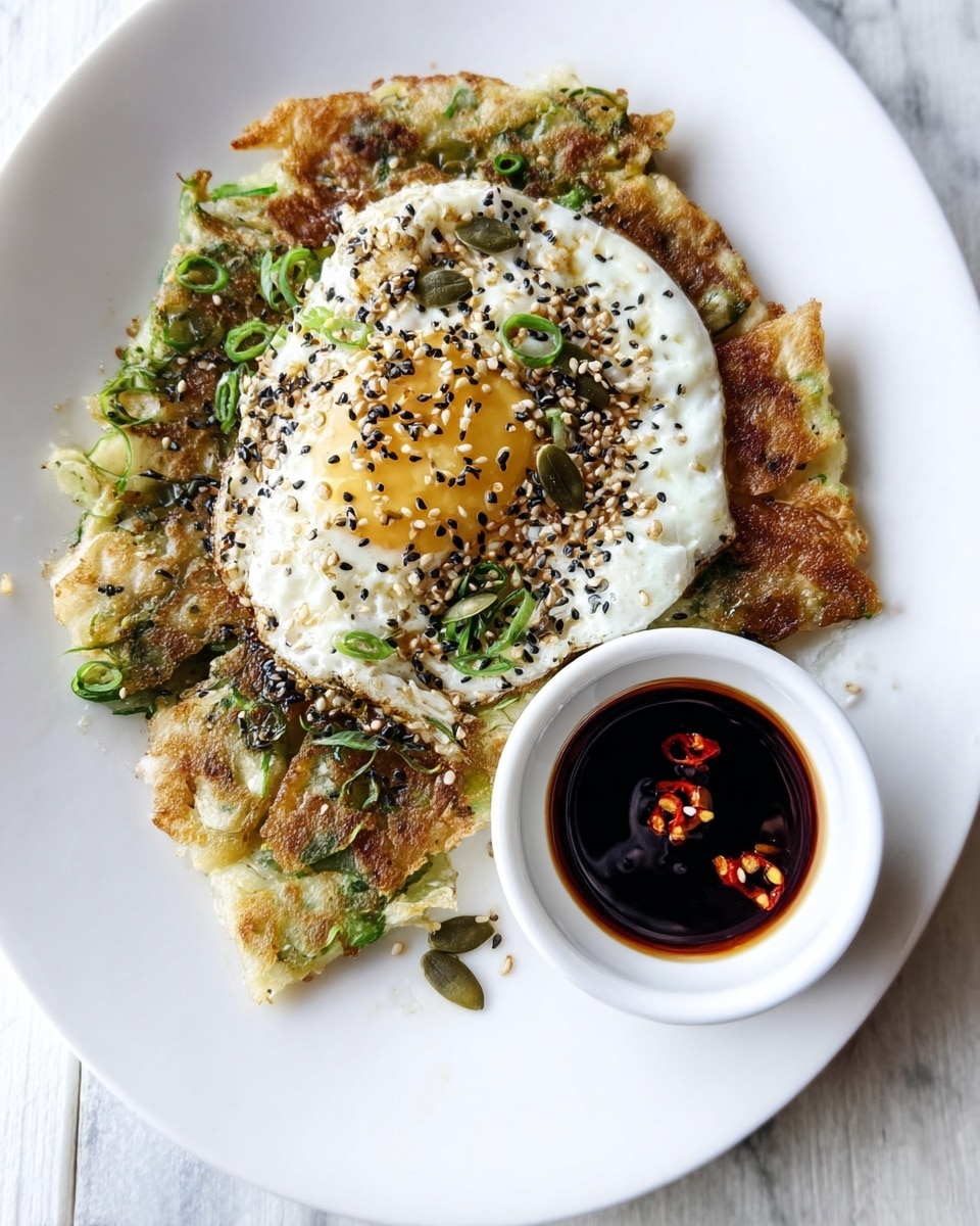 A white plate on a white marbled surface holds a crispy scallion pancake layer with golden brown patches and bright green scallion pieces visible throughout. On top of the pancake is a fried egg with a slightly runny white center, sprinkled with a mix of black and white sesame seeds, pumpkin seeds, and chili flakes. To the side, a small white bowl contains dark soy dipping sauce with red chili flakes floating on top. The dish is bright and textured with a mix of soft and crispy elements. photo taken with an iphone --ar 4:5 --v 7