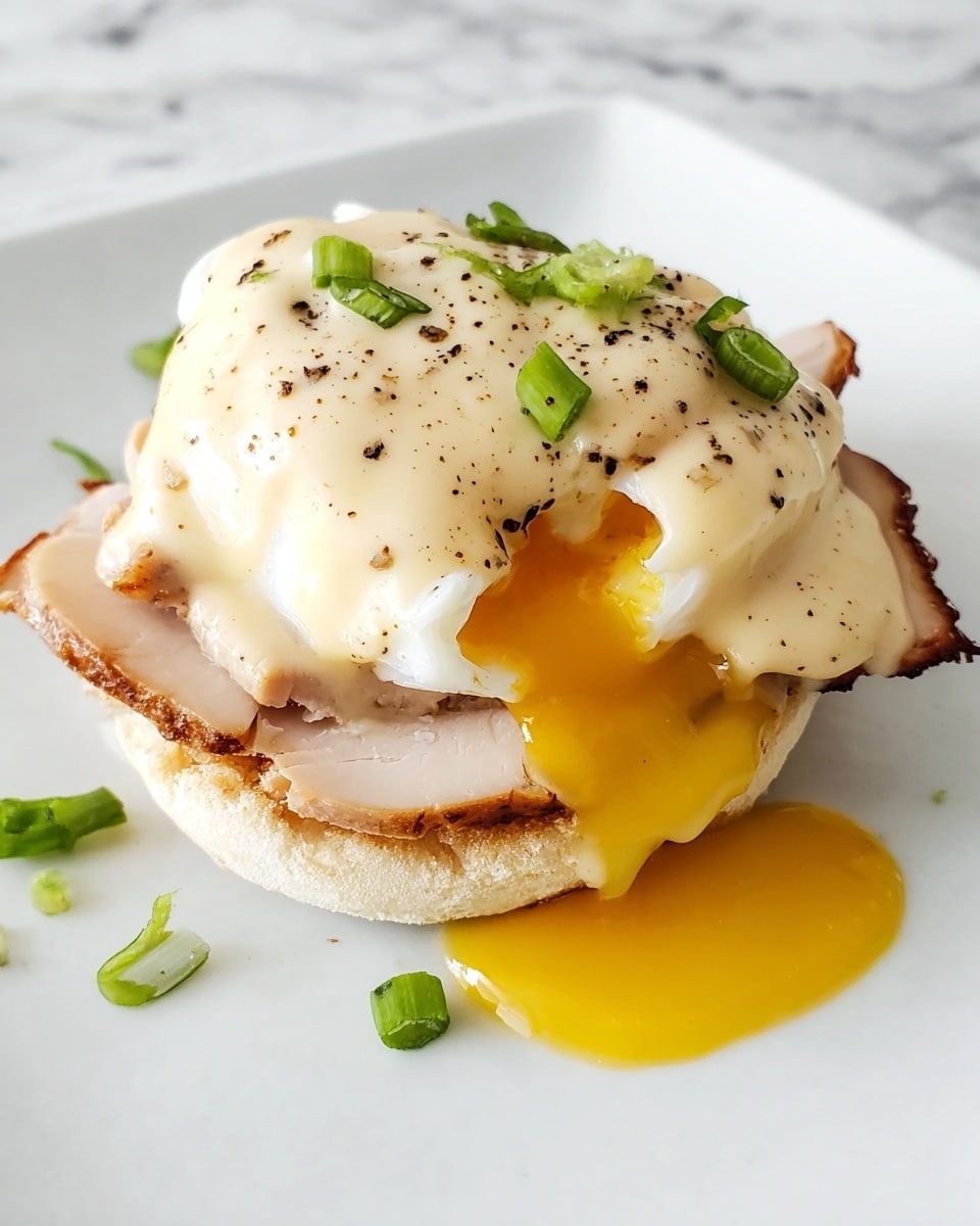 A white plate holds a layered breakfast dish starting with a toasted English muffin base that has a light golden brown edge. On top of the muffin, there is a layer of thinly sliced cooked turkey breast, slightly browned at the edges. Above the turkey, a poached egg sits with its yolk broken open, revealing a bright yellow liquid center. The egg is covered with a creamy, smooth light beige sauce that is speckled with black pepper. Small green onion pieces are scattered on top and around the dish for a fresh touch. The plate is set on a white marbled textured surface. photo taken with an iphone --ar 4:5 --v 7