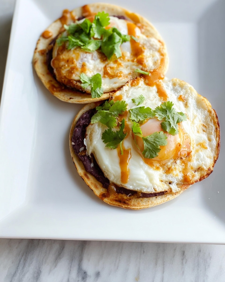 Two flat rounds of lightly toasted tortilla are placed side by side on a white square plate set on a white marbled surface. Each tortilla has three layers: the bottom tortilla is golden-brown with a slightly crispy texture, the middle layer is a smooth dark purple spread of refried beans, and the top layer is a cooked egg with white and slightly browned edges, topped with an orange sauce drizzled over it. Fresh green cilantro leaves are scattered on top of the eggs, adding a touch of bright green color. Photo taken with an iphone --ar 4:5 --v 7