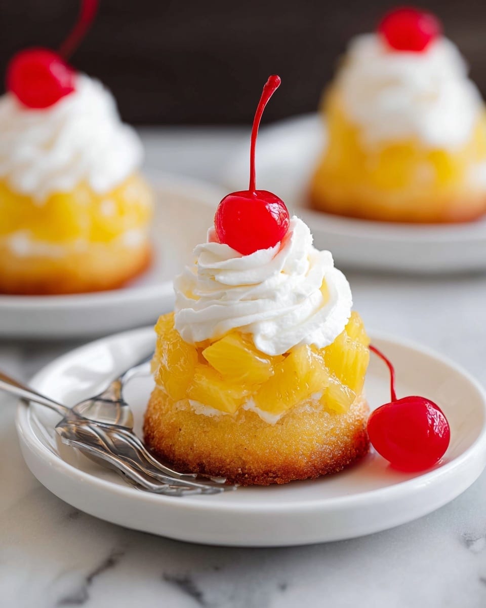 A small round cake with a golden brown base topped with a layer of yellow pineapple chunks, then a swirl of white whipped cream, and a bright red cherry with a long stem on top. Another red cherry sits on the white plate beside the cake, and a silver fork rests on the left side of the plate. The plate is on a white marbled surface with two similar plates and cakes blurred in the background. photo taken with an iphone --ar 4:5 --v 7