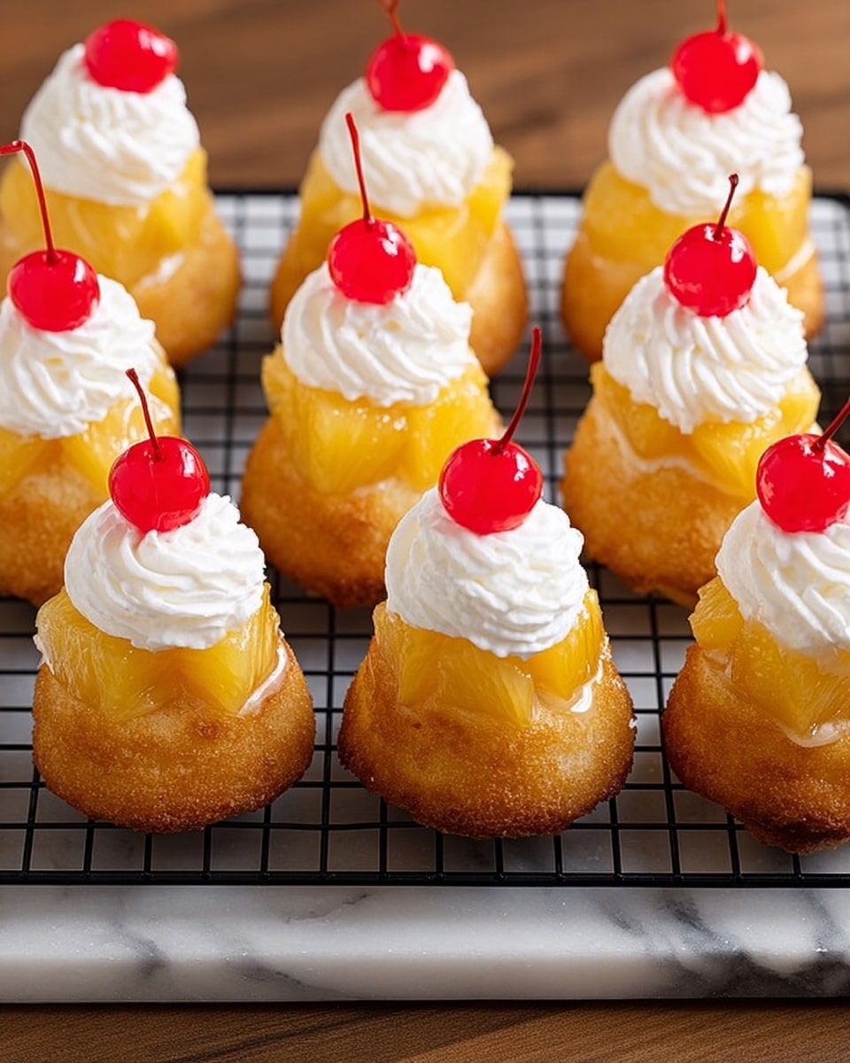 A group of small cakes arranged in rows on a black cooling rack is shown, each cake has three layers: the base is a light brown sponge cake with a moist texture, topped with a glossy yellow fruit layer, likely pineapple, followed by a swirl of white whipped cream on top, finished with a bright red cherry with stem placed neatly at the peak of the whipped cream. The scene is set on a white marbled surface with a wooden edge partially visible at the bottom. photo taken with an iphone --ar 4:5 --v 7