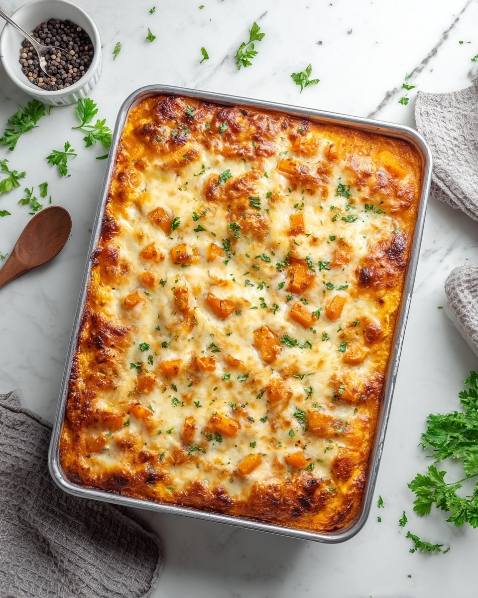A square metal baking dish filled with a golden-brown baked cheesy casserole sits on a white marbled surface. The dish features a top layer of melted cheese that is slightly browned and bubbly with visible chunks of bright orange butternut squash peeking through. Small pieces of fresh green parsley are sprinkled evenly across the cheese, adding a touch of color. The edges of the casserole are crispy and browned, hinting at a well-cooked, comforting dish. Fresh parsley sprigs and scattered leaves add a fresh contrast around the dish. Nearby, there is a small white bowl filled with black peppercorns and a gray textured cloth in the background. photo taken with an iphone --ar 4:5 --v 7