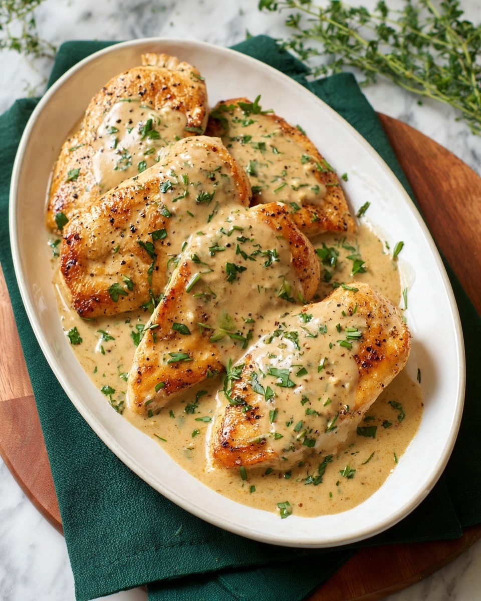 A white oval plate holds five golden-brown seared chicken breasts, each partly covered with a thick, creamy beige sauce speckled with fresh green herbs. The chicken pieces are arranged closely together, showing a slightly crispy texture with small black pepper flakes on top. Fresh chopped herbs are sprinkled over the sauce for extra color. The plate rests on a dark green cloth over a wooden board, against a white marbled background with some green herb sprigs softly blurred in the back. photo taken with an iphone --ar 4:5 --v 7