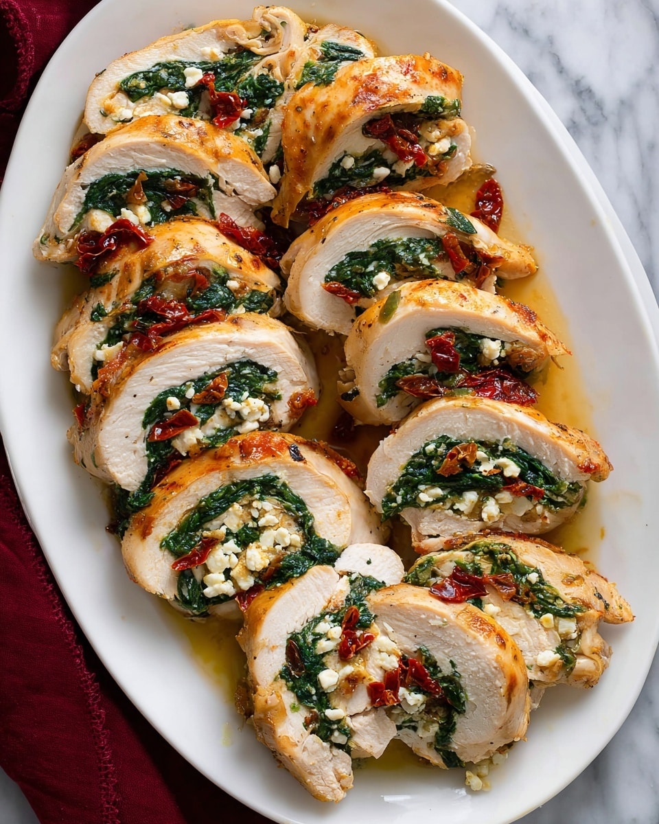 A white oval plate is filled with slices of stuffed chicken breast, each piece showing three visible layers: the golden-brown cooked chicken outside, a vibrant green spinach layer in the middle, and small bits of crumbled white cheese mixed with red sun-dried tomatoes inside the spinach layer. The slices are arranged closely and slightly overlapping, with some juices visible around the edges. The plate is placed on a white marbled surface with a dark red cloth partially visible on the left side of the plate. Photo taken with an iphone --ar 4:5 --v 7